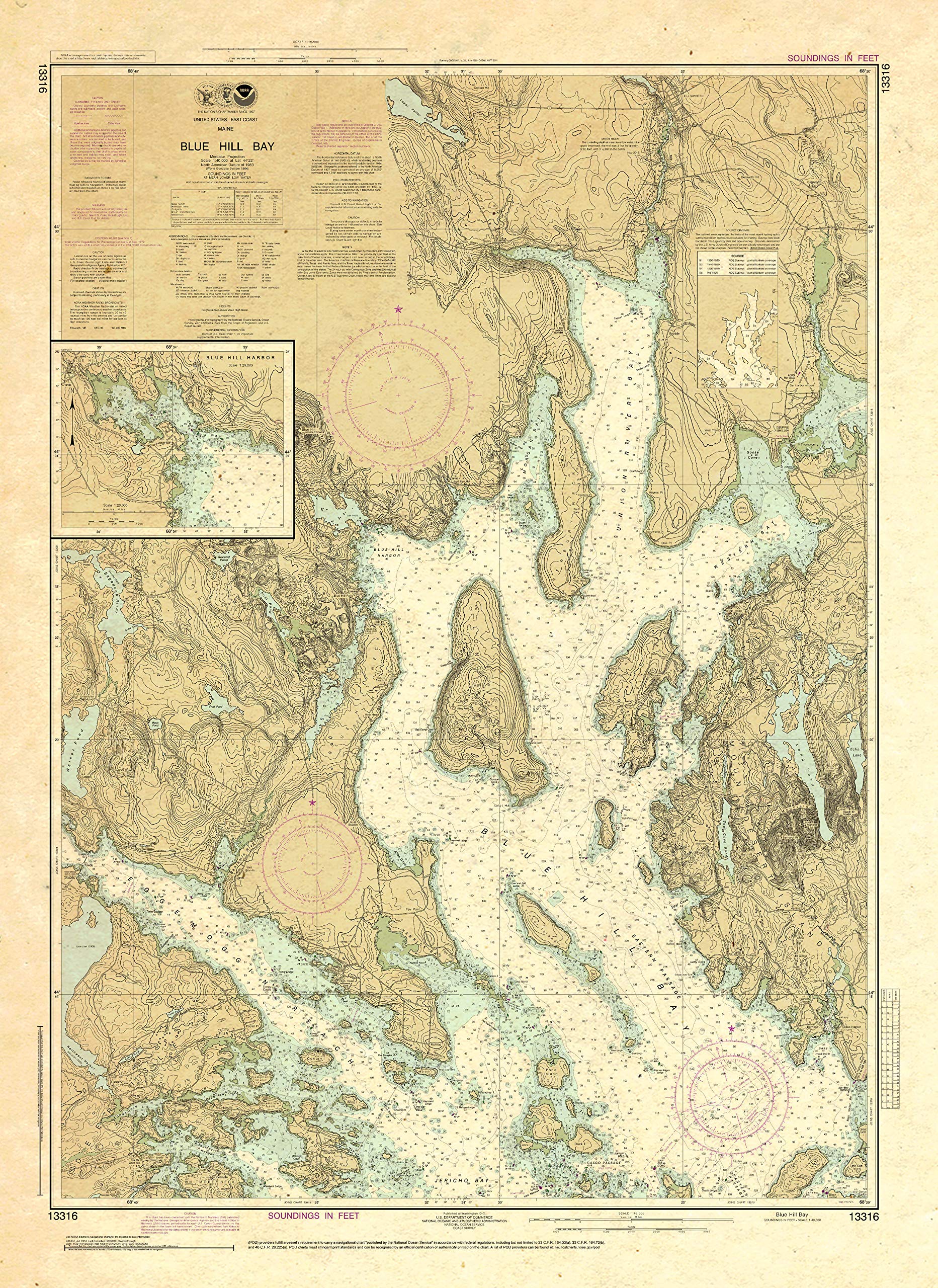 Paradise Cay Publications, Inc. Antiqued NOAA Chart 13316: Blue Hill Bay; Blue Hill Harbor
