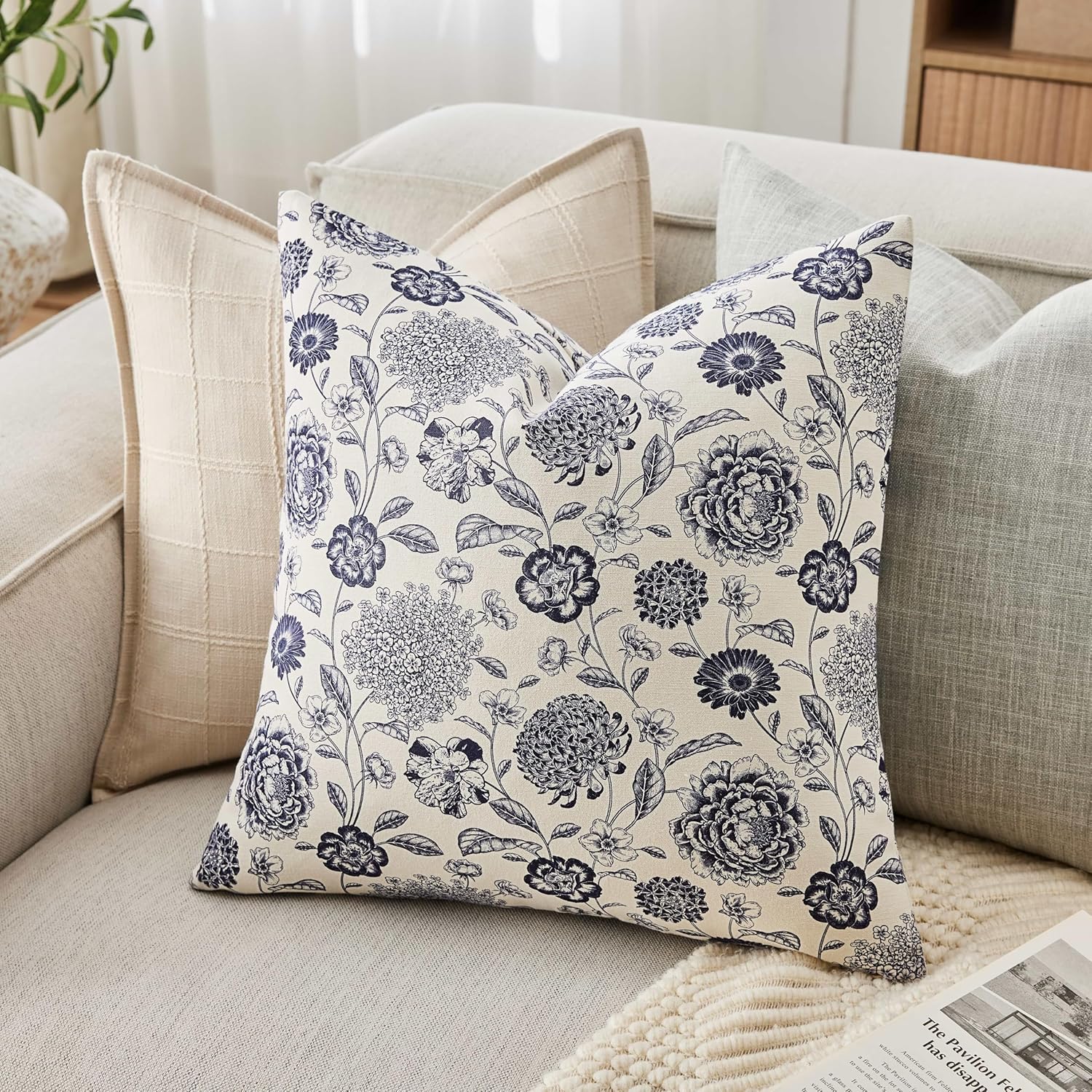 100% Cotton Botanical Throw Pillow Covers Set of 2, 20x20 Inch Navy, Farmhouse Double-Sided Floral Print Decorative Cushion Covers Pillow Cases Boho Home Decor