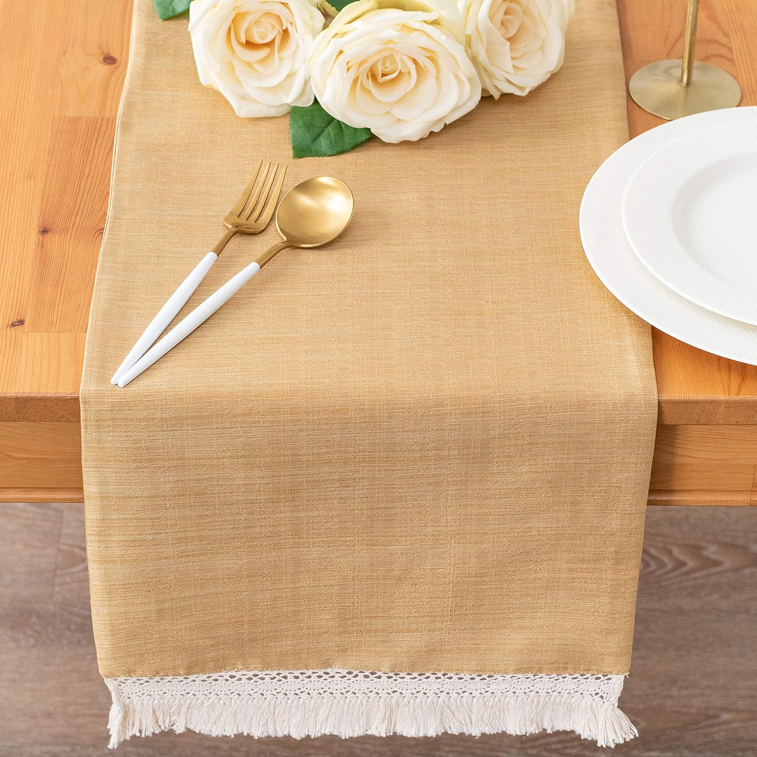 Gold Coffee Table Runners With Macrame Lace Boho Decor (13x64 inch, Pack of 1) Fabric Lined | Properly Finished, No Fray Edges | for Home, Kitchen, Dining Room, Holiday, Wedding Party