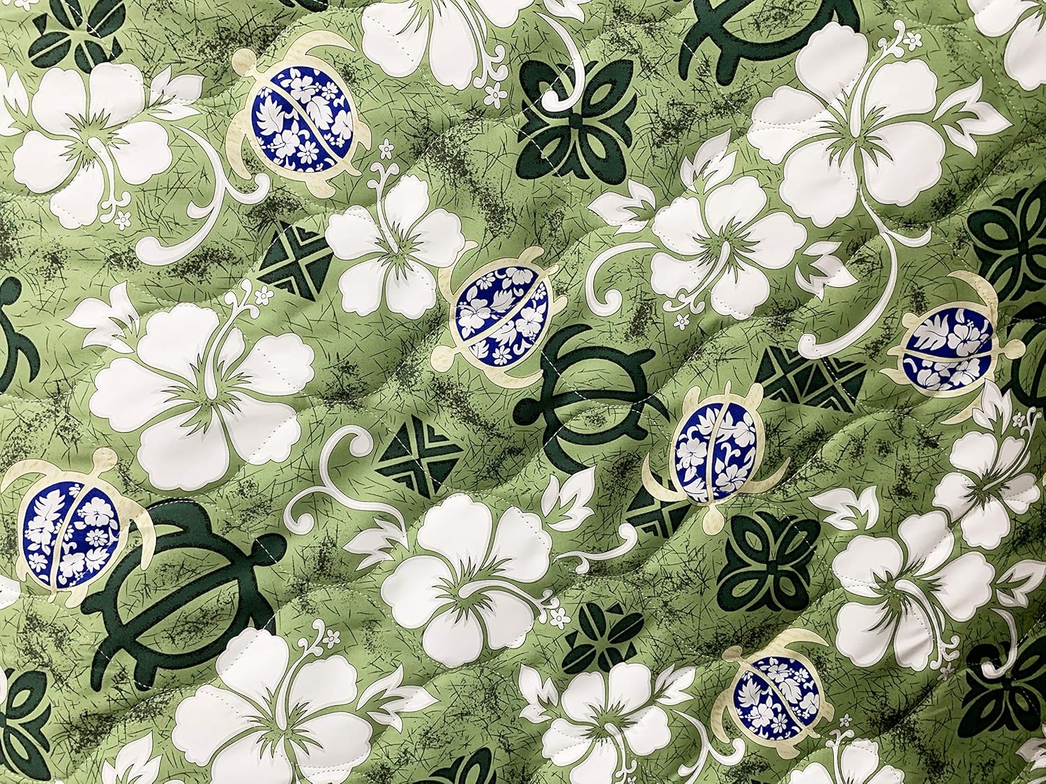 Quilted Fabric - 100% Cotton - 56 inch Wide - Sold by Yard - Turtle - Hibiscus - Floral - Leaves - Hawaiian - Ferns (Aloha Turtle Green)