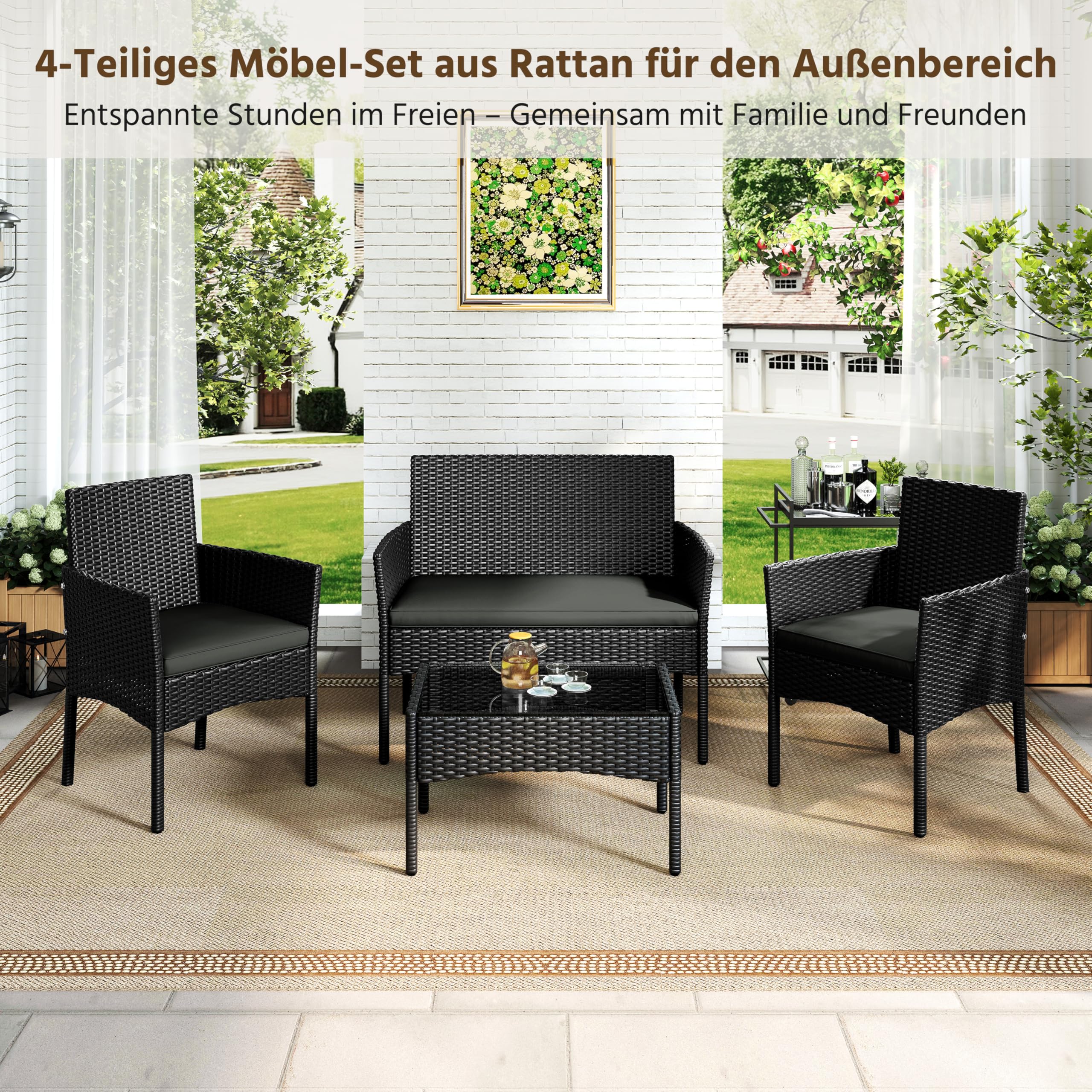 Yaheetech 4-er Gartenmöbel Set Balkonmöbel Set aus Polyrattan Terassenmöbel Außen mit 2er Sofa, 2 Stühle, Tisch & Sitzkissen für Terrasse/Balkon/Garten, Schwarz & Grau