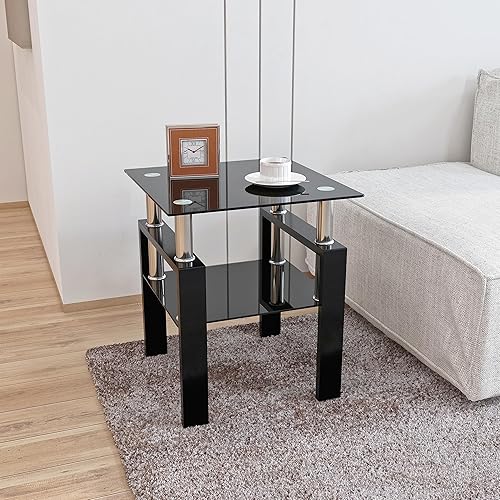 Miniatura 31 de Juego de 3 mesas auxiliares de cristal para sala de estar, mesa auxiliar de sofá con almacenamiento, patas de metal negro, mesa central rectangular