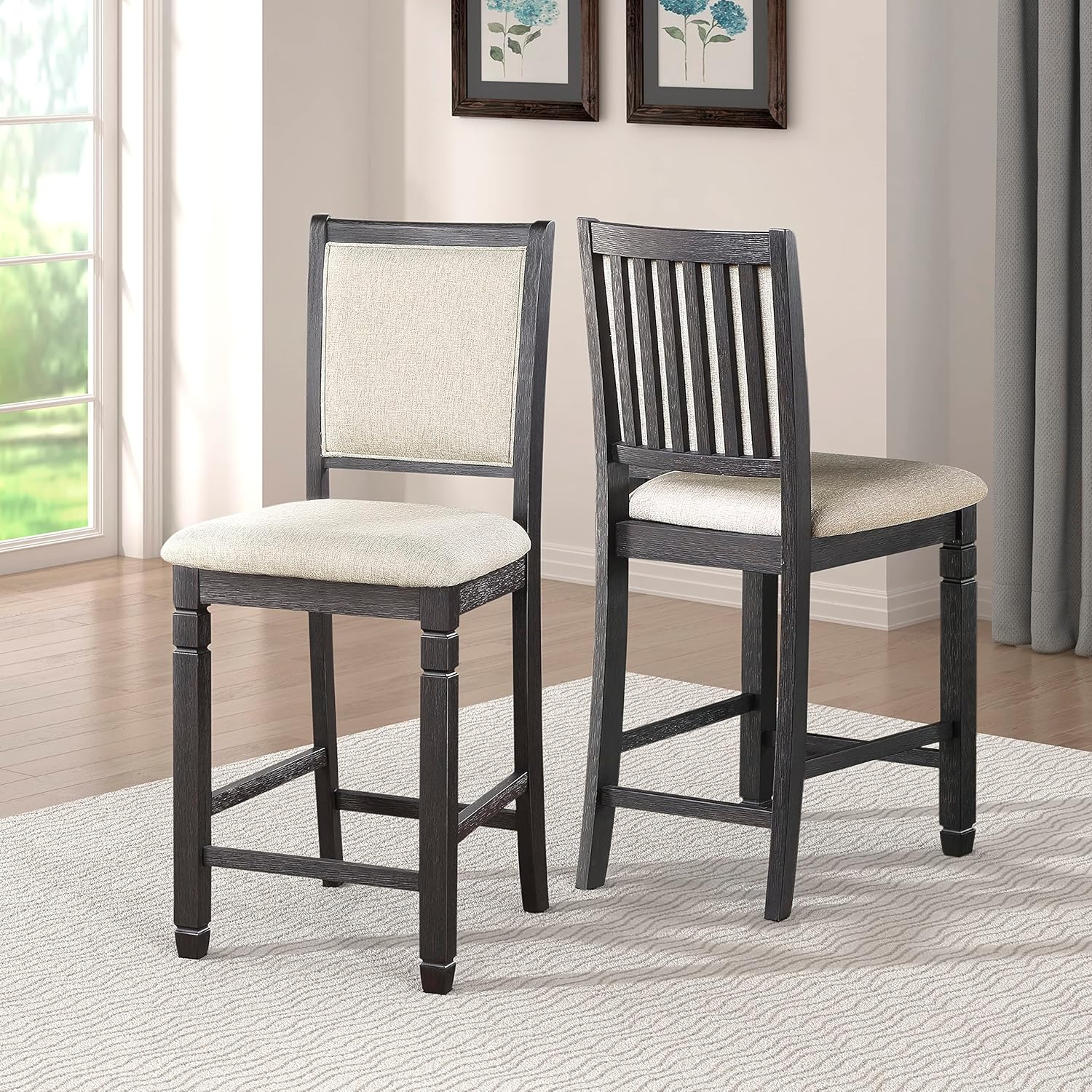 Lexicon Braun Wood Dining Room Counter Height Stool Set of 2, Farmhouse Dining Chairs Set of 2, Traditional Armless Kitchen Chair, Solid Wood Frame, Padded, Easy Assembly - Black