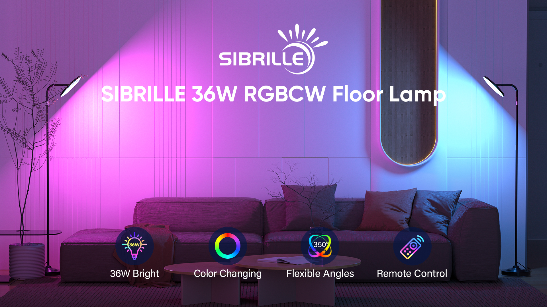 SIBRILLE 36W LED Floor Lamp – Super Bright Standing Lamp, Stepless Dimmable, Remote Control, 350° Rotating Head, For Living Room, Bedroom, Office