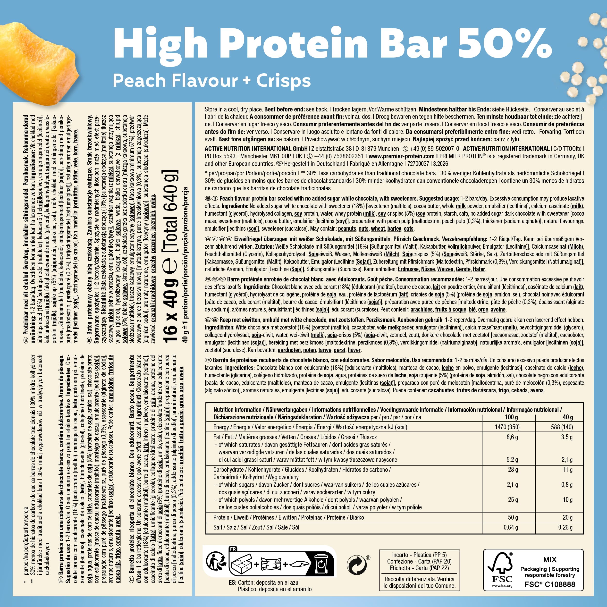 Premier Protein - High Protein Bar 50% - Crispy Peach - 16x40g – Ansicht 2
