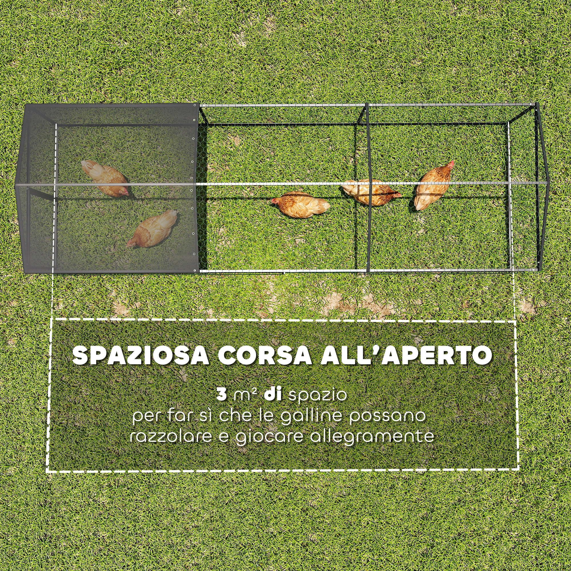 PawHut Pollaio per Galline da Esterno, 3x1x1m 3m² Recinto Galline in Metallo Zincato con 2 Porte, Tetto Impermeabile Anti-UV e Serratura, Gabbia per Polli, Piccoli Animali, Conigli, Anatre, Fattoia