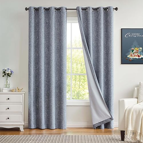 Cortina opaca completa color azul marino, con textura de lino pesado, tratamiento de ventana para dormitorio, reducción de ruido, cortinas con