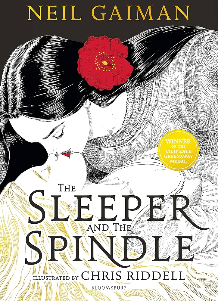 Couverture du livre 'The Sleeper and The Spindle' de Neil Gaiman, illustrée par Chris Riddell, mettant en avant deux personnages se rapprochant dans un style artistique noir et blanc.
