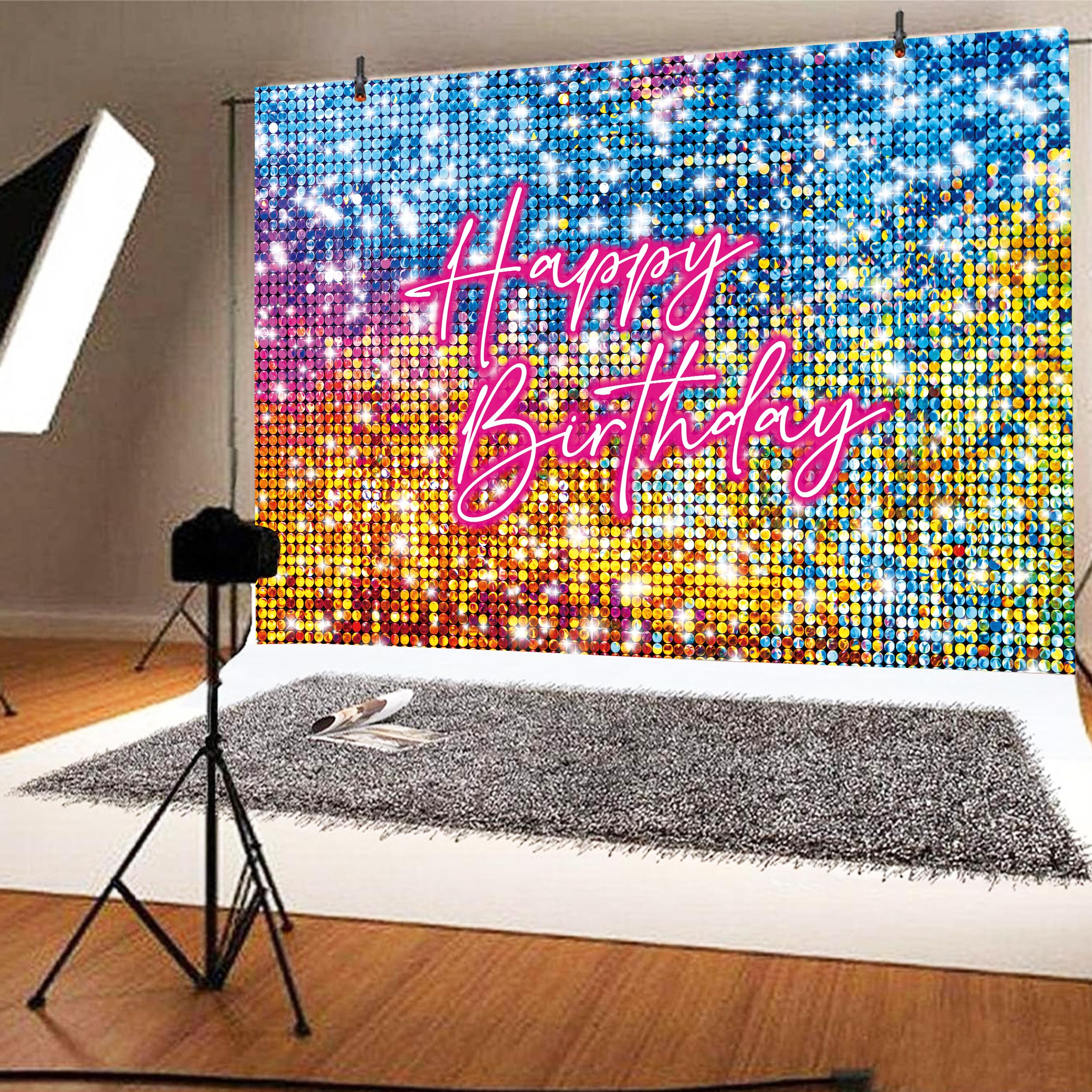 Atlastrip 7 x 5 ft Colorful Backdrop Birthday Background for Women Princess Neon Sequin Square Shimmer Decoration for Anniversary Party (Non-Glowing Brilliant Design) (Pink, 7 * 5 ft): PINK-BIRTHDAY 6*4 ft