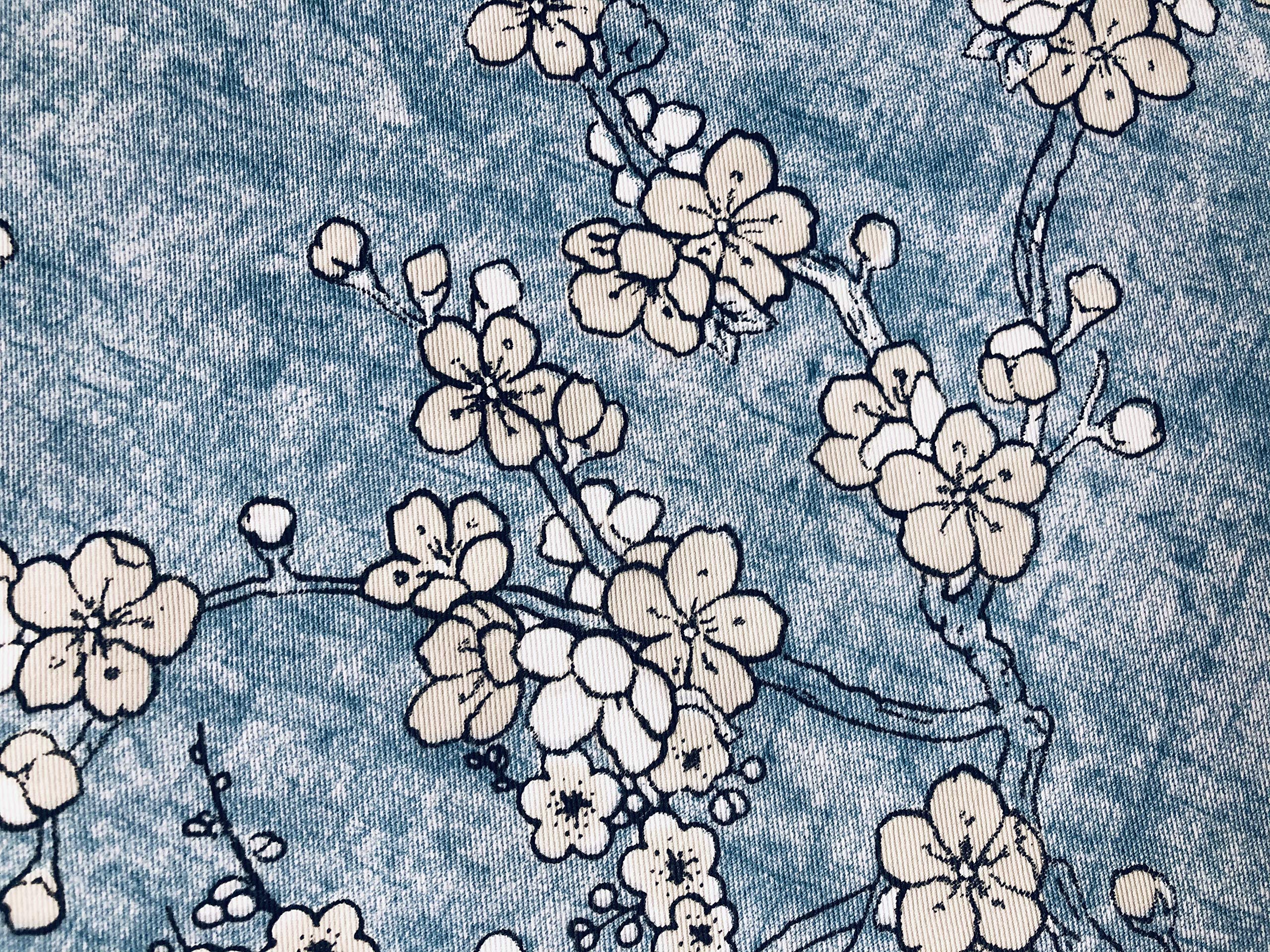 Blue Japanese Sakura Blossom Cherry Floral Twill Curtain Fabric Oriental Furnishing Material - 140cm Wide Textile (Sold by The METRE)