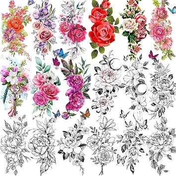 TASROI 18 Sheets Sexy Flower Rose Temporary Tattoos For Women Girls Adults, Women Body Art Fake Arm Tattoo Stickers, Waterproof Moon Butterfly Black Floral Tattoo Temporary Orchid Dahlia Neck Tatoos