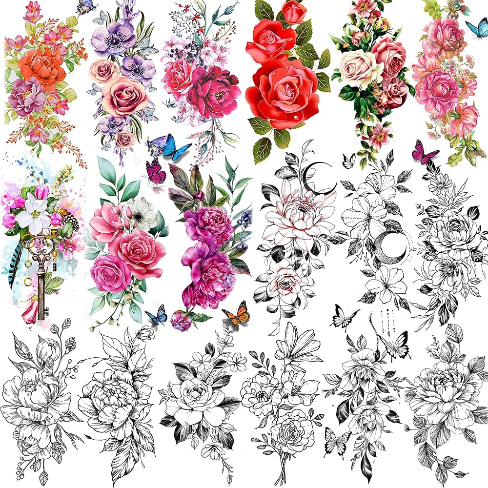 TASROI 18 Sheets Sexy Flower Rose Temporary Tattoos For Women Girls Adults, Women Body Art Fake Arm Tattoo Stickers, Waterproof Moon Butterfly Black Floral Tattoo Temporary Orchid Dahlia Neck Tatoos