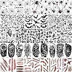 TASROI 236+ PCS 45 Sheets Halloween Temporary Tattoos For Kids Zombie Makeup Kits 3D Bats Spider Web Witch Small Black Ghost Pumpkin Face Stitches Fake Scar Tattoo Stickers For Women Adult Men Skull