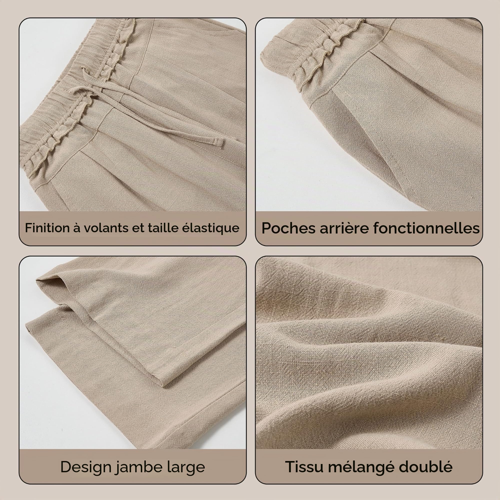 Rolanko Pantalon Lin Fille, Palazzo Ample Taille Élastique Fluide Plage avec Poches