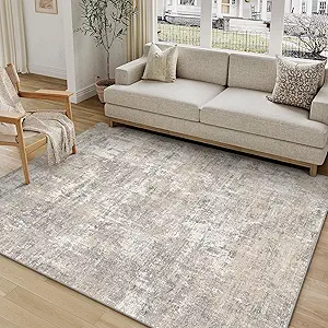 Machine Washable Area Rug 4x6 Beige Gray Modern Abstract Neutral Office Door Mat Indoor Accent Low Pile Carpet Distressed Throw Rug Bedroom Living Dining Room Kitchen Non Slip