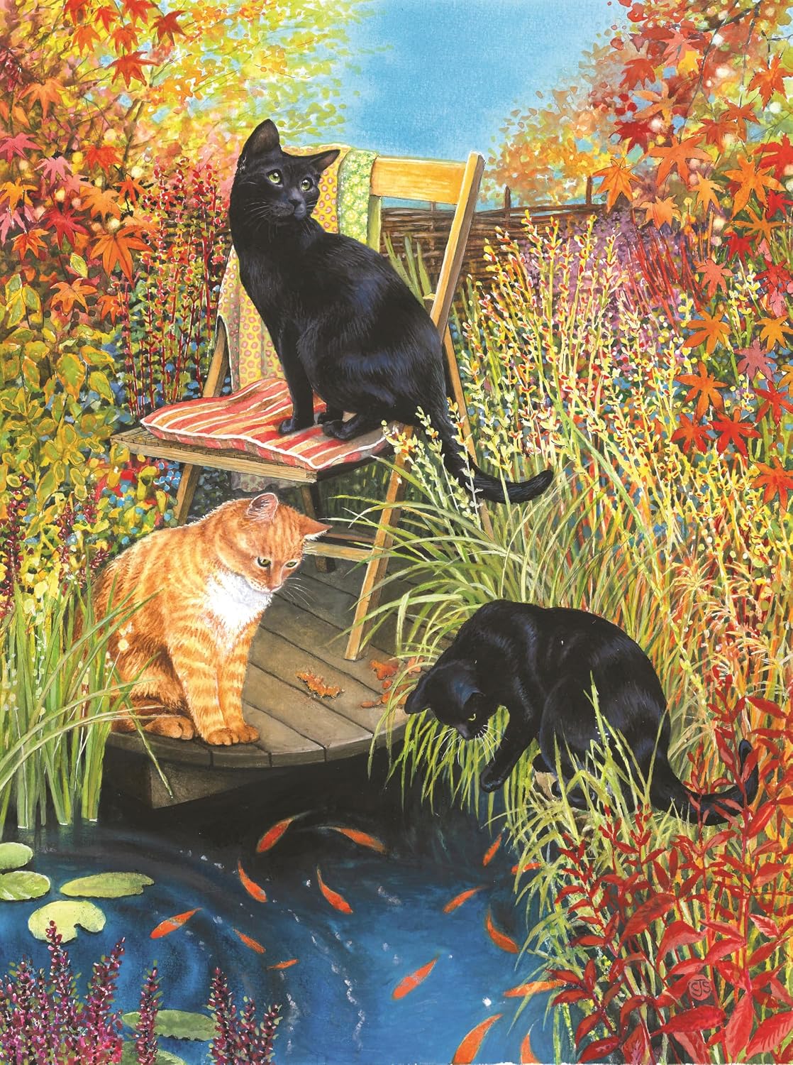 SUNSOUT INC - Cats and Koi - 1000 pc Jigsaw Puzzle by Artist: Chrissie Snelling - Finished Size 20" x 27" - MPN# 59582