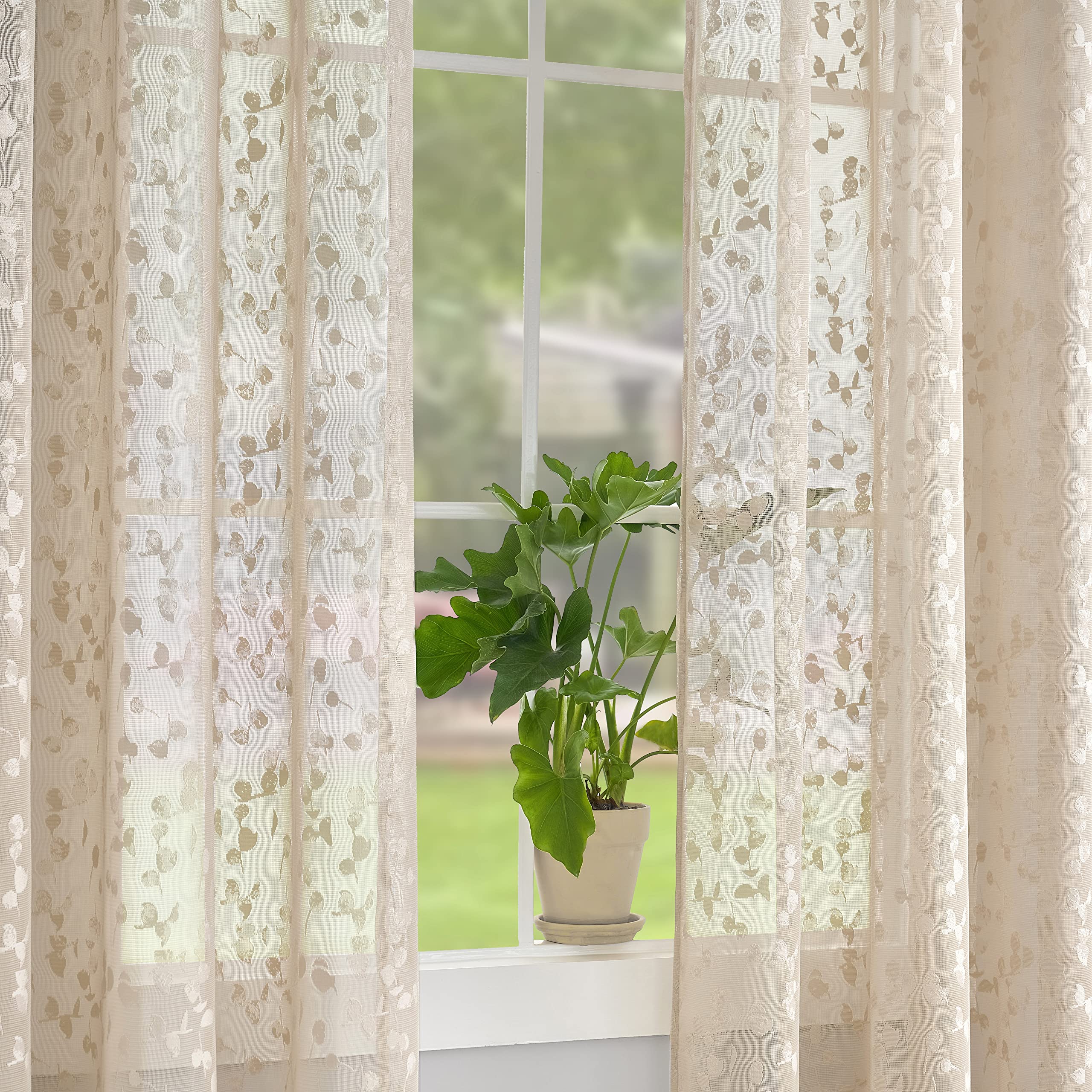 Treatmentex Creme Halbdurchsichtige Gardinen mit eingewebtem Blattmuster, 2er Set B140×H225 cm, Metallösen, sanfte Lichtfilterung für Wohn- & Kinderzimmer