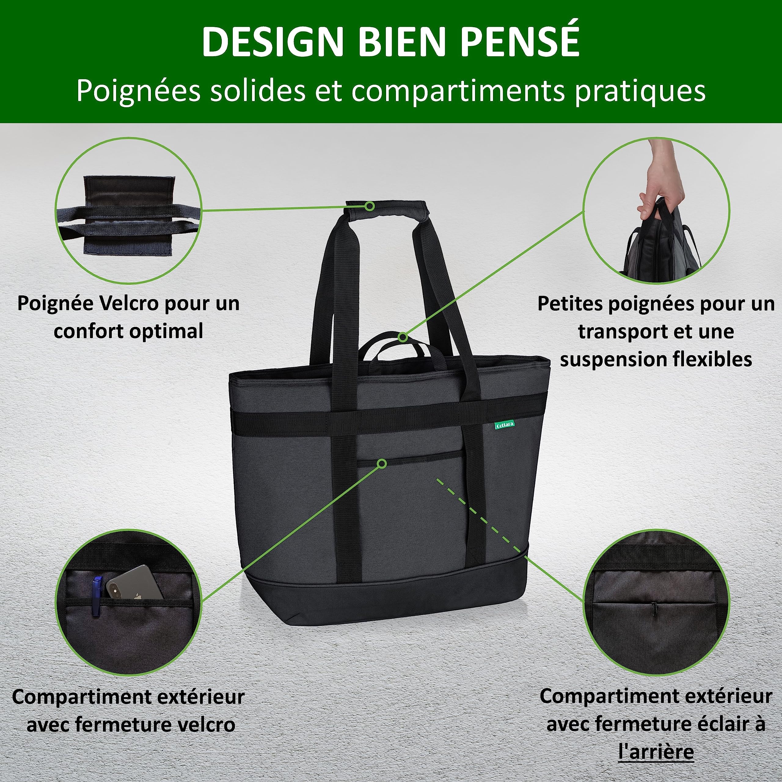 COTTARA® Grand sac isotherme pliable - Sac de courses stable avec une forte isolation pour chaud et froid - Idéal comme sac de courses, sac isotherme, sac de pique-nique, gris, XL - 30 Liter