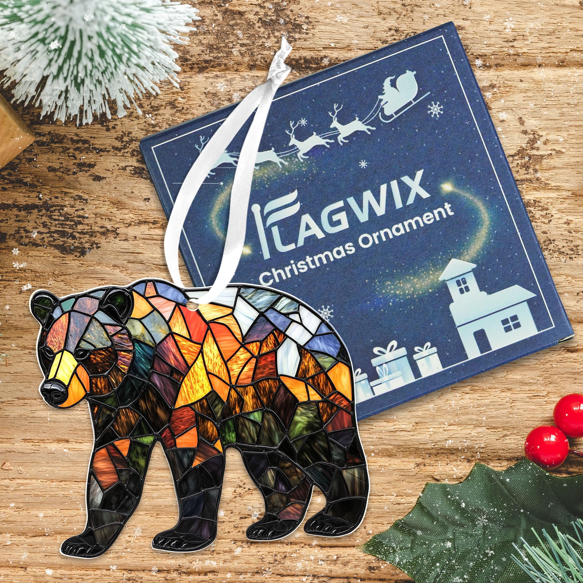 FLAGWIX Christmas Bear Gifts for Women - 2D Flat (Not 3D) Acrylic Christmas Ornaments 2025 Tree - Brown Bear Ornaments, Animal Lover Birthday Gifts for Women Men Mom Dad Friend, Animal Lovers Gift