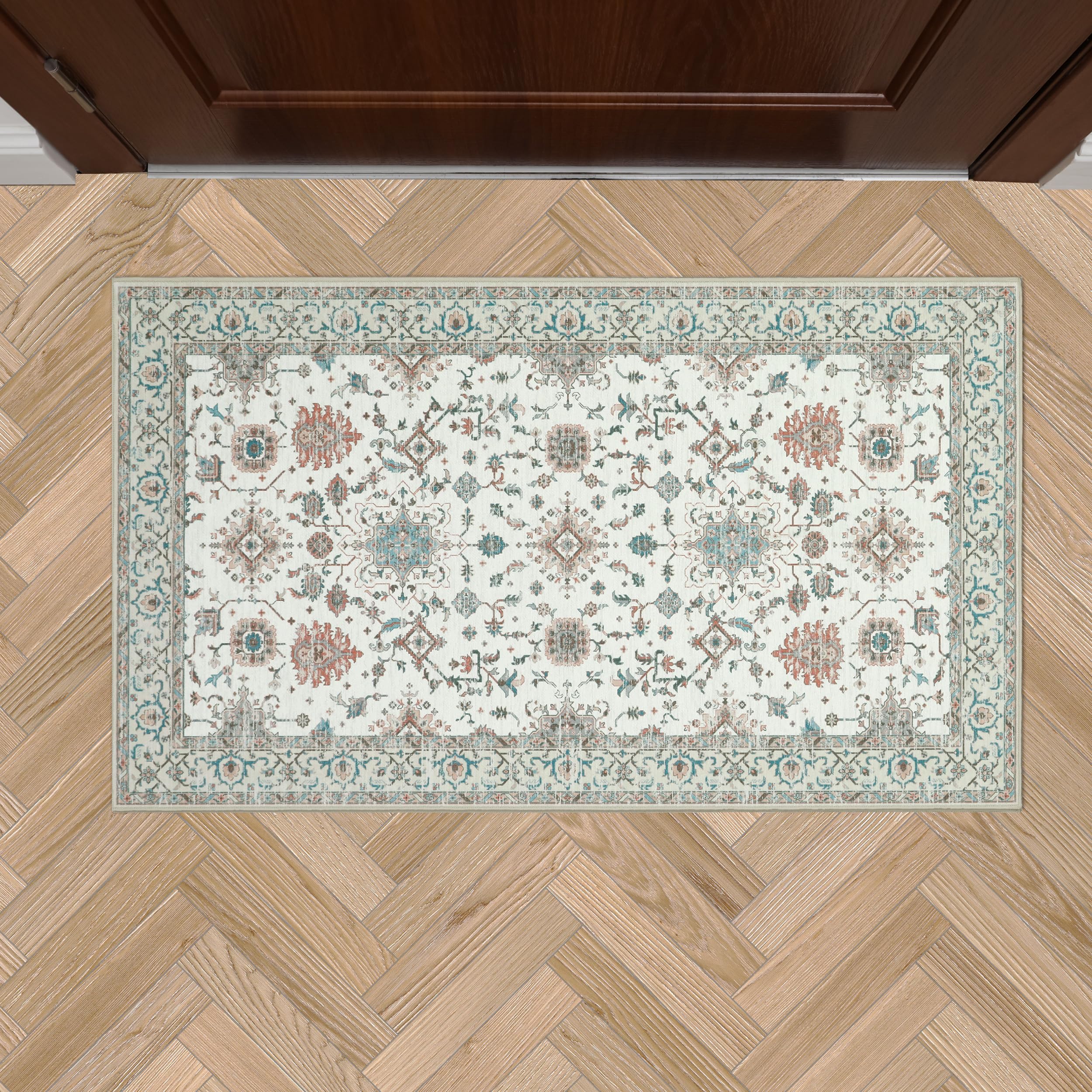 Alfombra decorativa beige Aure floral lavable a máquina y antideslizante de 26 x 45 pulgadas