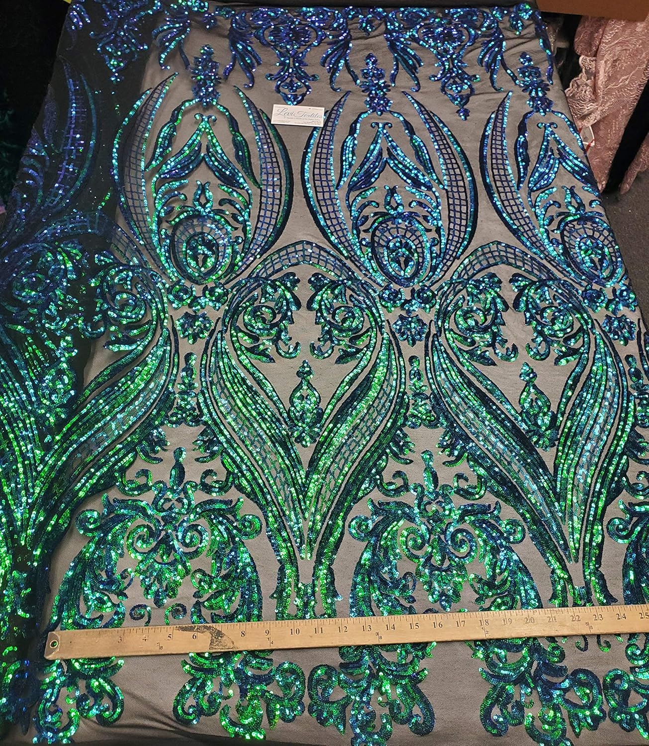 Iridescent Hourglass Design 4 Way Stretch Nylon Spandex Mesh Sequin Wedding Prom Fabric by The Yard (Iridescent Green/Black)