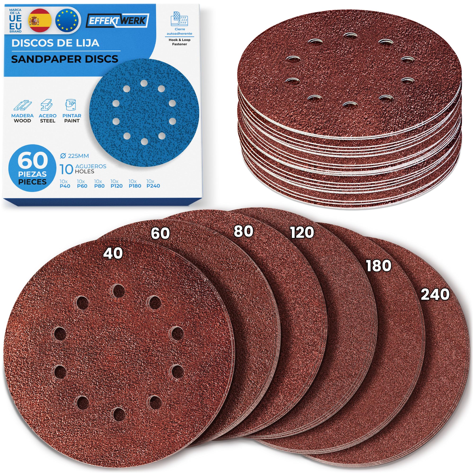 Discos de lijado (paquete de 60, 10 agujeros), papel de lija de 225 mm para lijado fino y grueso, varios tamaños de grano 40/60/80/120/180/240 (10 unidades cada uno)