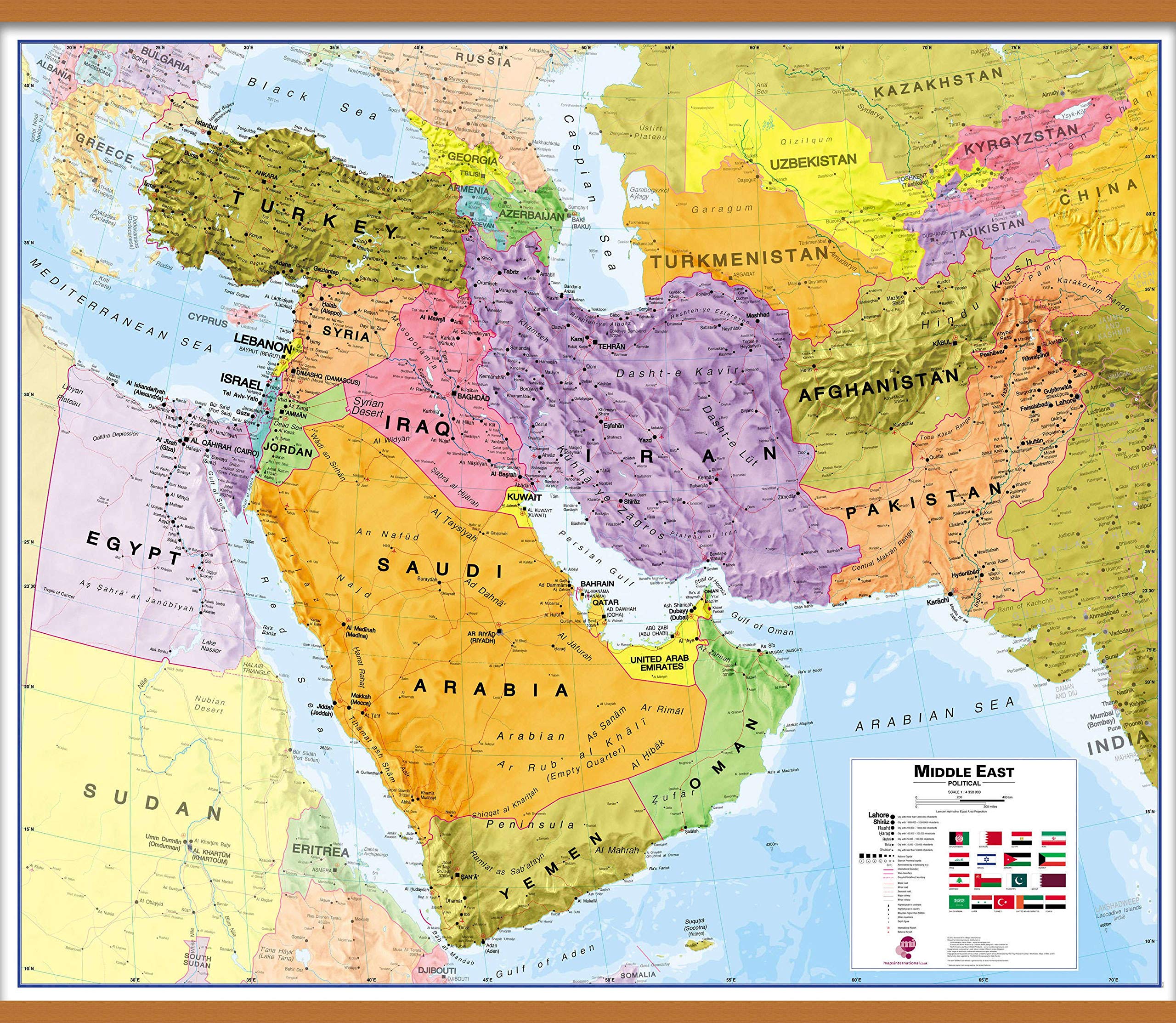 Maps International Large Political Middle East Wall Map - Laminated with Wooden Hanging Bars - 47 x 39