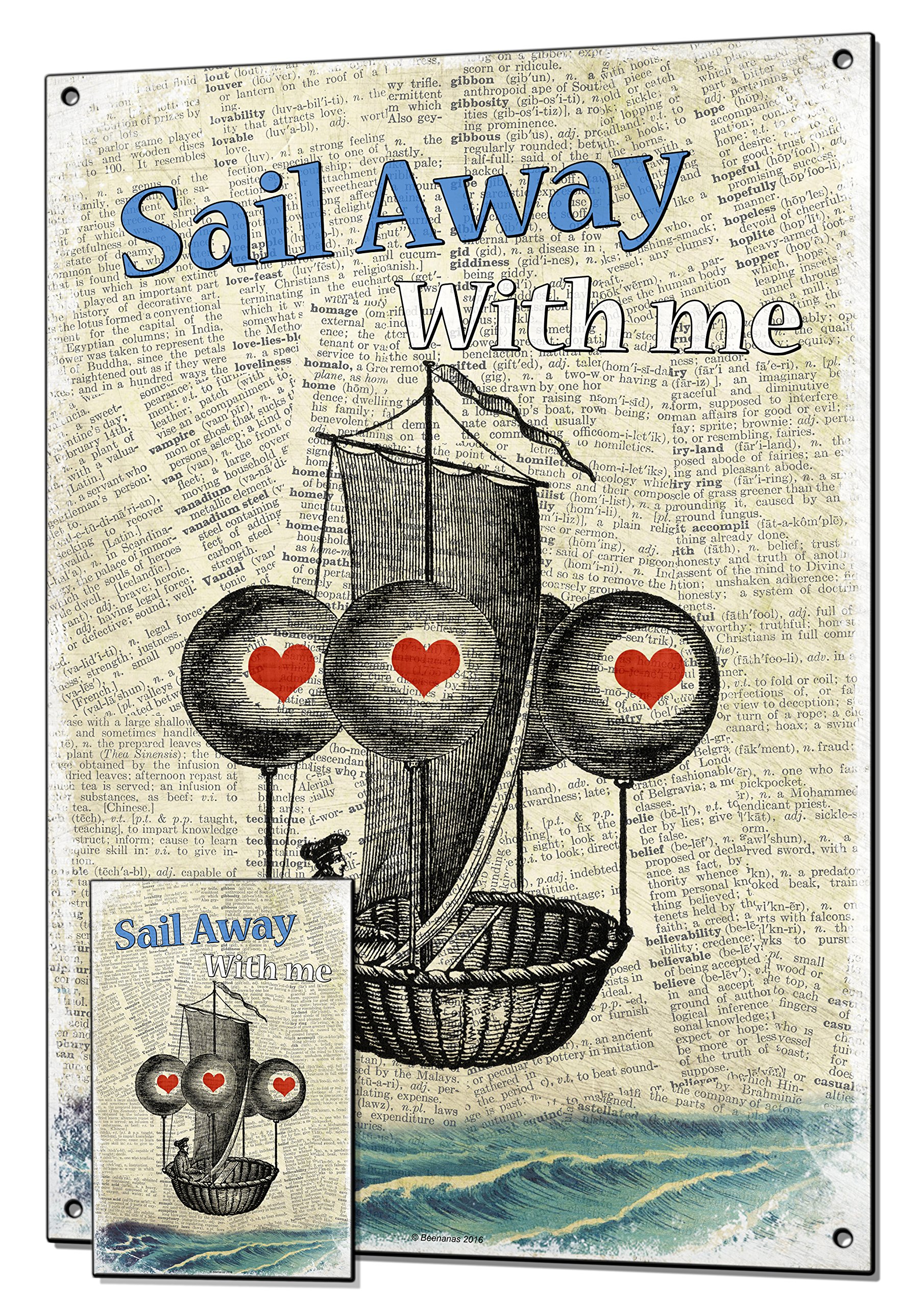 Beenanas Sail Away With Me Metal Word Art Sign & Keepsake Fridge Magnet Bundle Vintage Style
