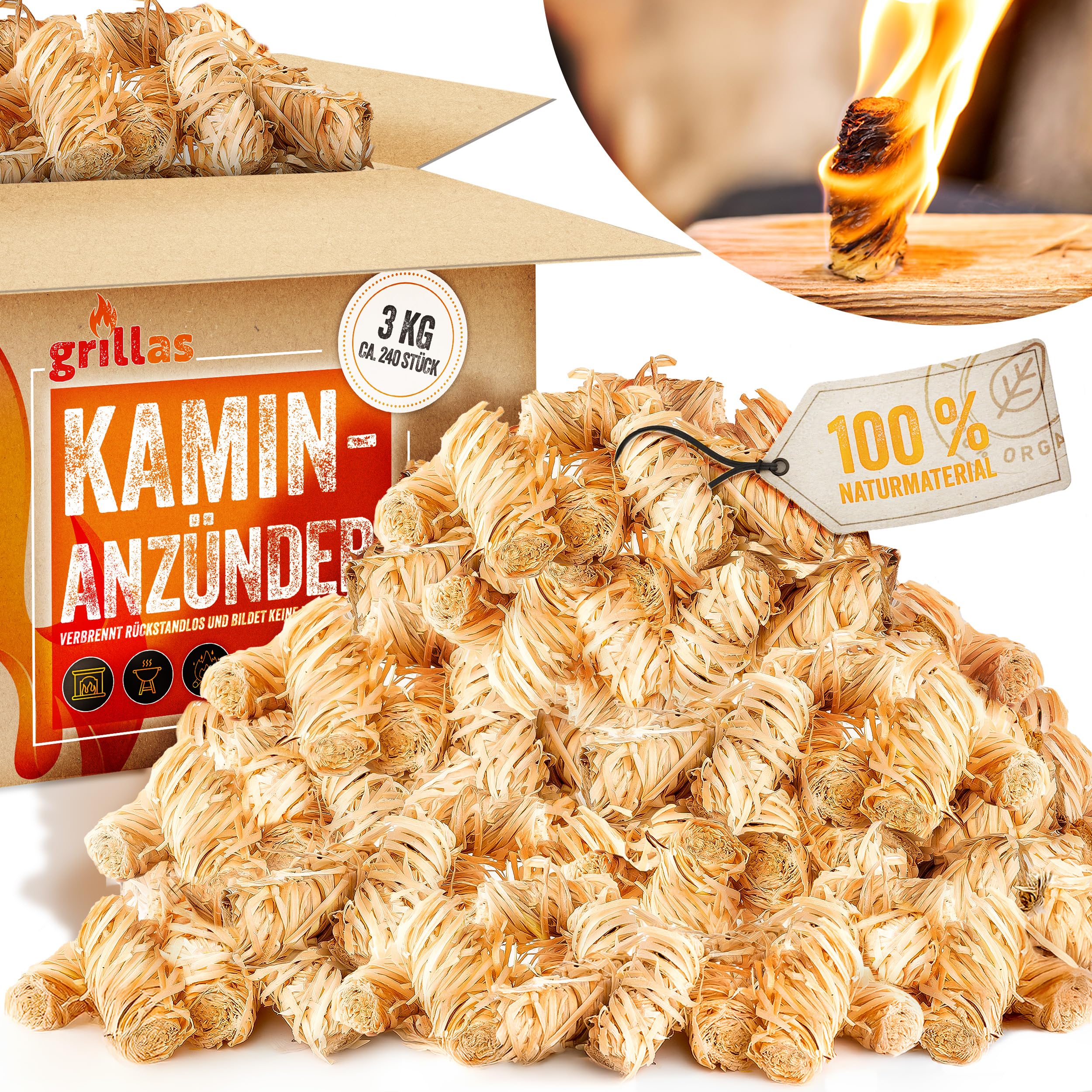 grillas Kaminanzünder 3 kg (ca. 240 Stück) Grillanzünder aus Bio Holzwolle & Wachs | Anzünder Kohleanzünder Ökologisch | Wachsanzünder Umweltfreundlich | Anzündwolle Ofenanzünder Lange Brenndauer