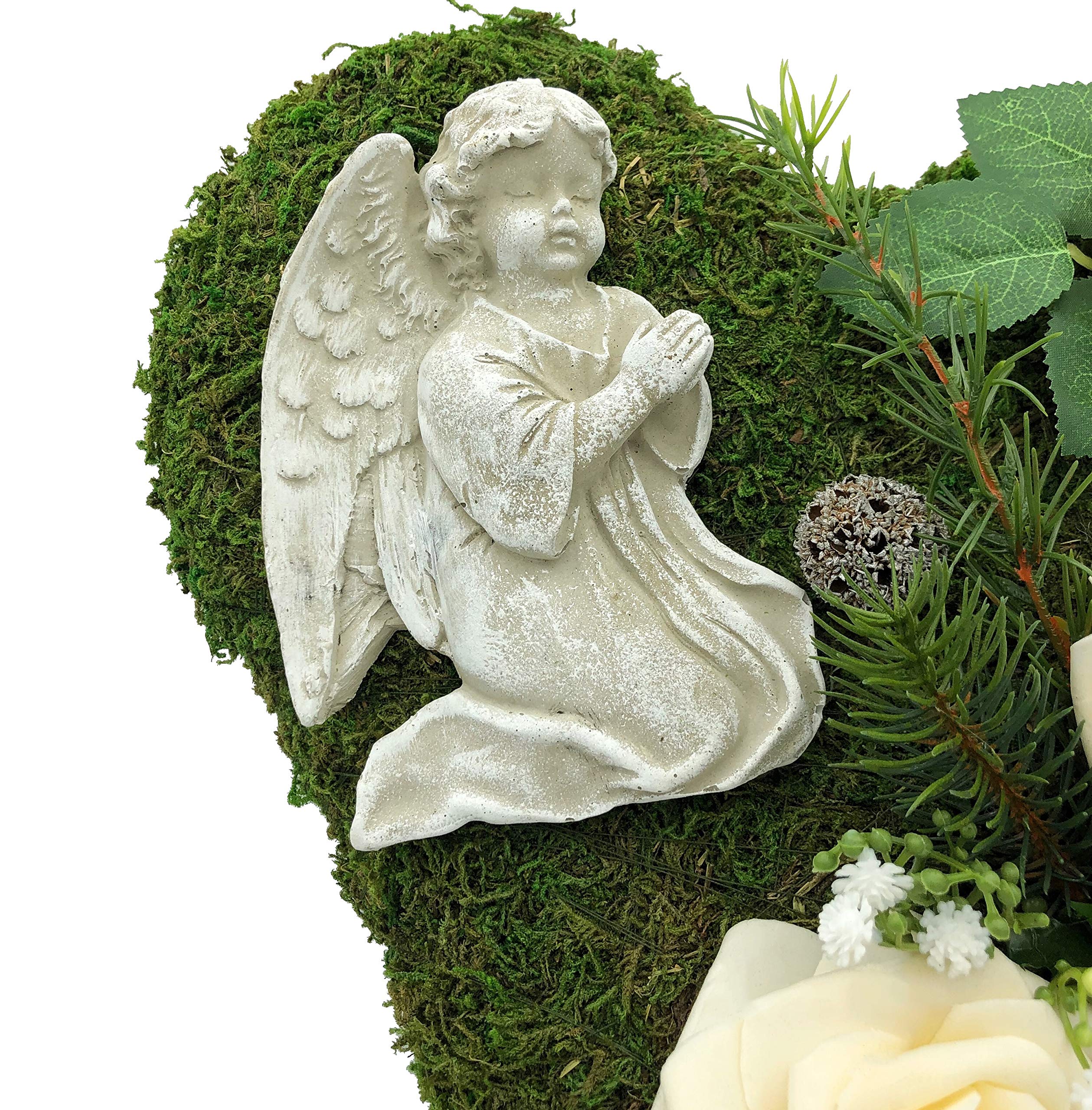 Radami Grabgesteck Grabschmuck Grabaufleger Moosherz Grabherz Trauerherz Grab Herz Gesteck Rosen mit Engel (Rosen Creme)