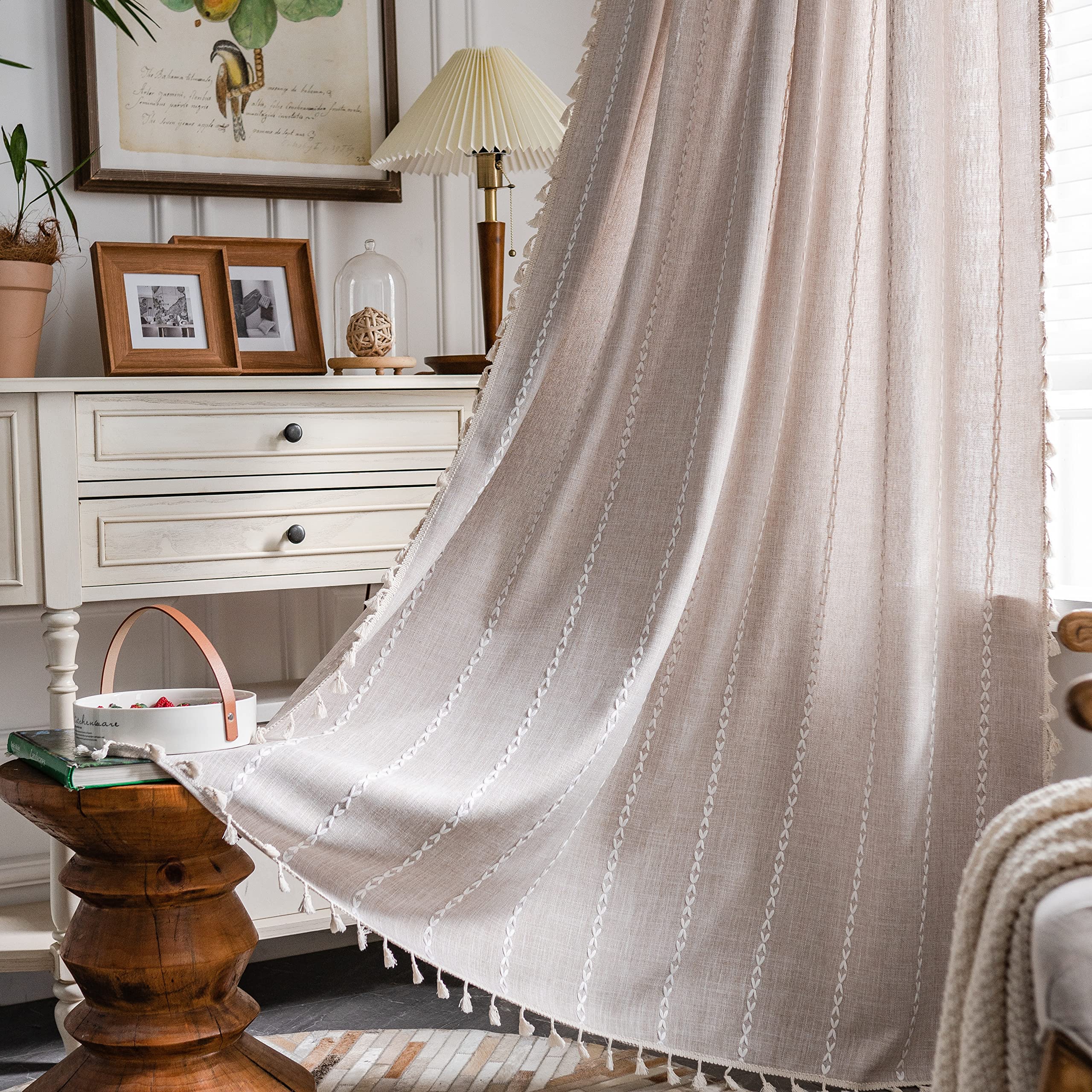 Sutuo Home Boho Curtain for Bedroom 84 Inch Length, Light Filtering Farmhouse Vintage Shabby Chic Tassels Window Treatment Bohemian Embroidery Drape, Rod Pocket 1 Panel 52" W x 84" L, Taupe — image 1