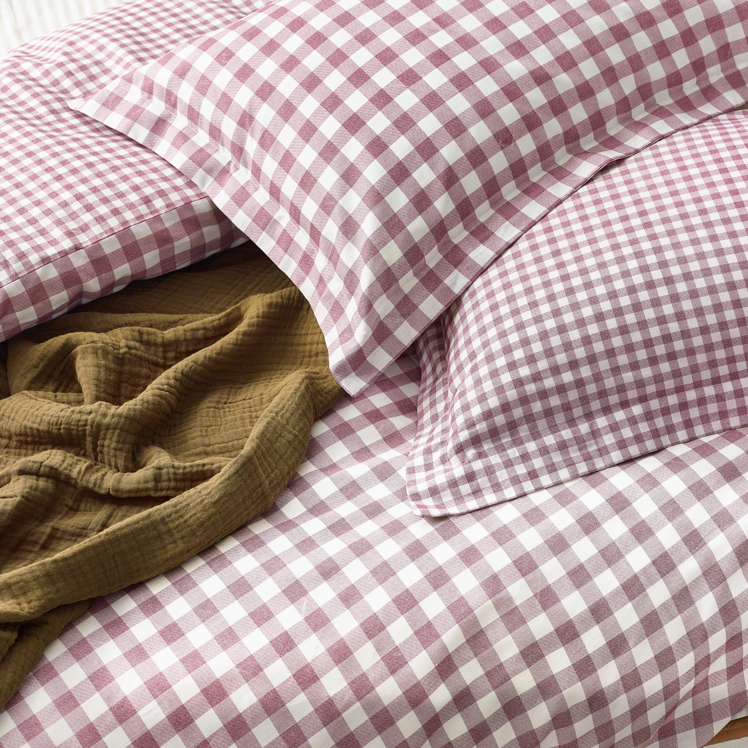 Yard Barton Gingham Check Duvet Cover Set, 100% Cotton Reversible Oxford Pillowcases Soft & Breathable Premium Bedding (Berry - Image 3