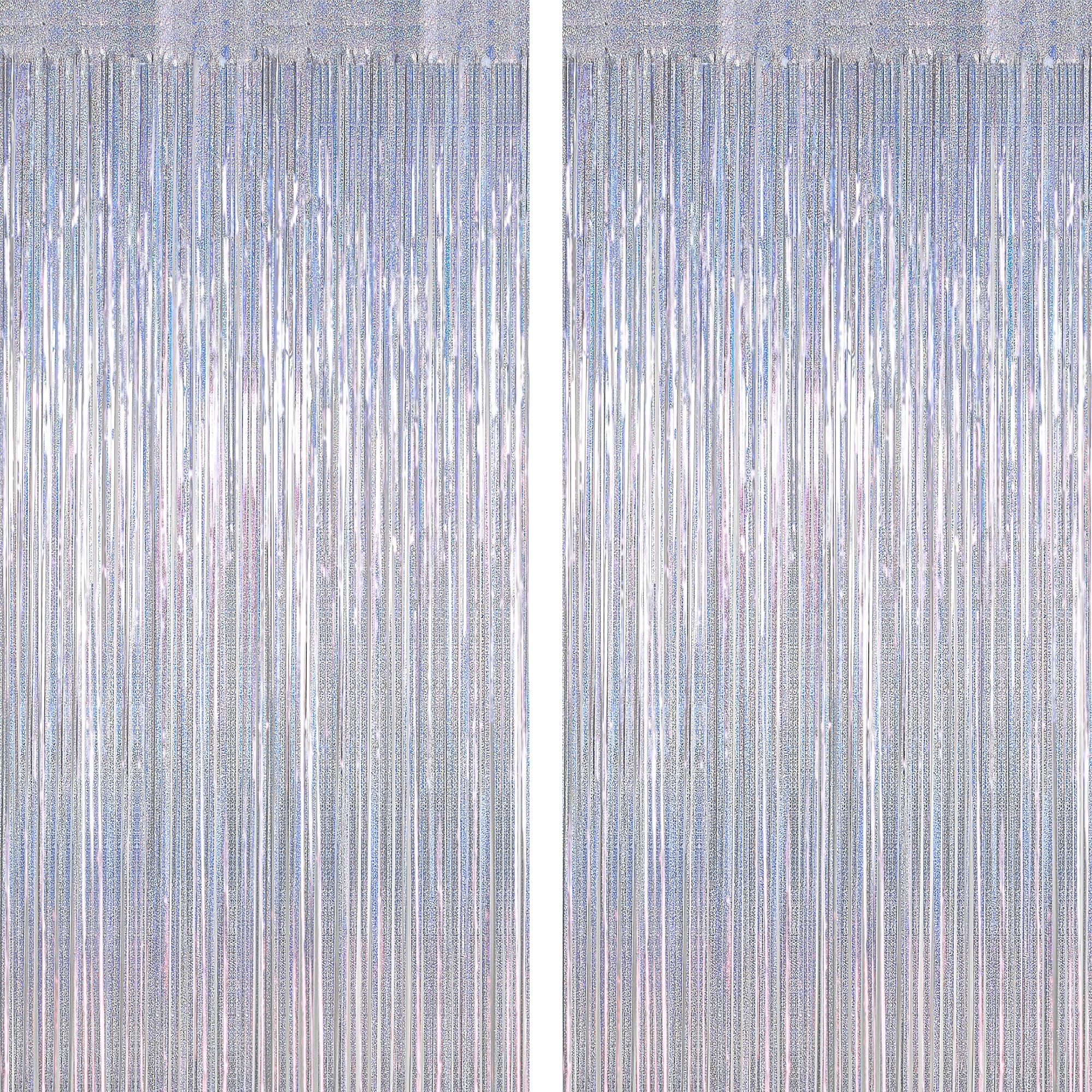 2 Pack Silver Metallic Tinsel Foil Curtains, 3.28 FT x 7.05 FT Glitter Silver Fringe Curtains, New Year Door Streamer Tinsel Backdrop Photo Booth for NYE Party Birthday Engagement Party Decorations