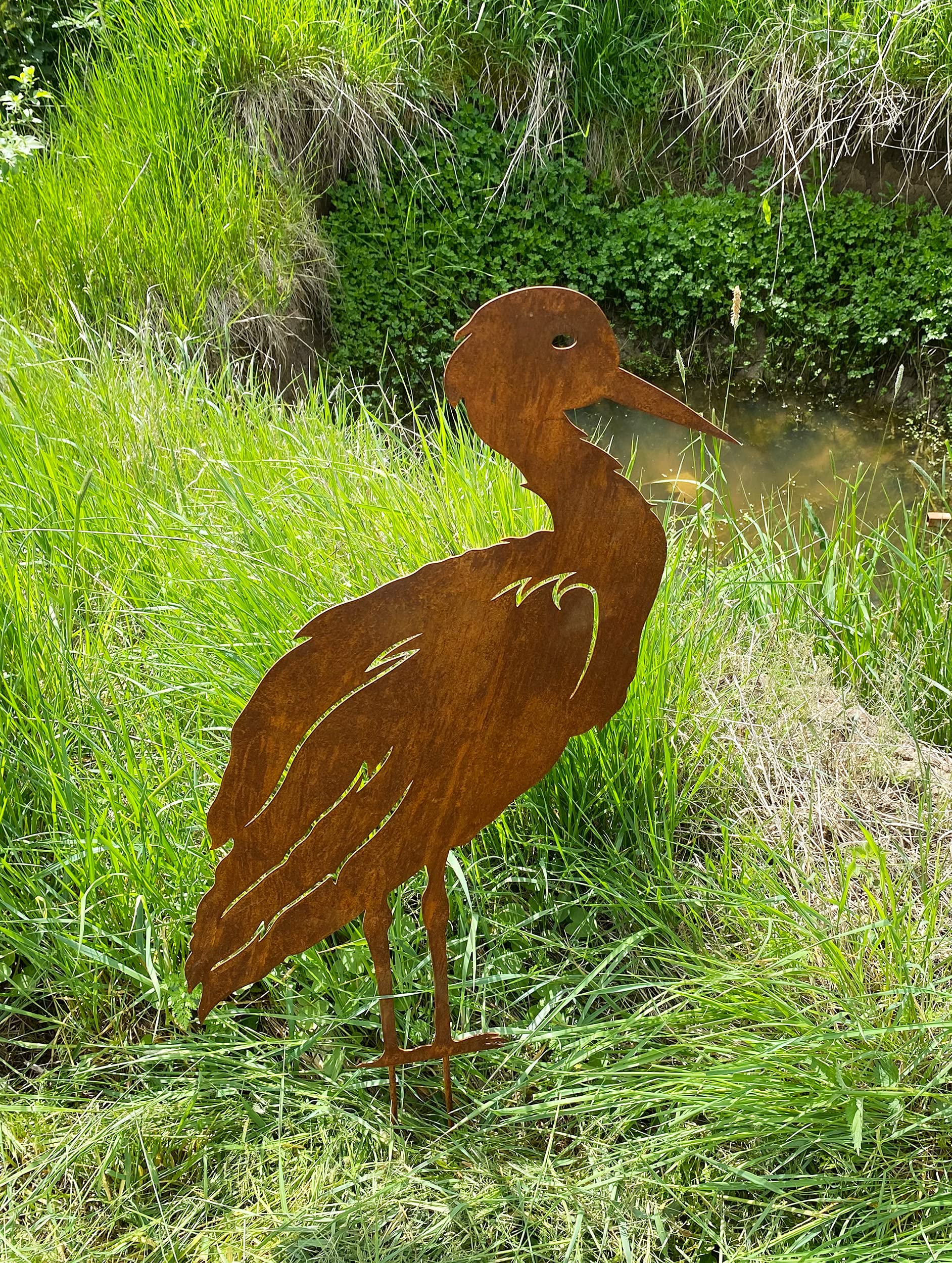 Reiher stehend 75x43cm + Stäbe Gartenstecker Edelrost Gartendeko Wetterfest Rost Teichdeko Metall Kranich Storch von Steinfigurenwelt