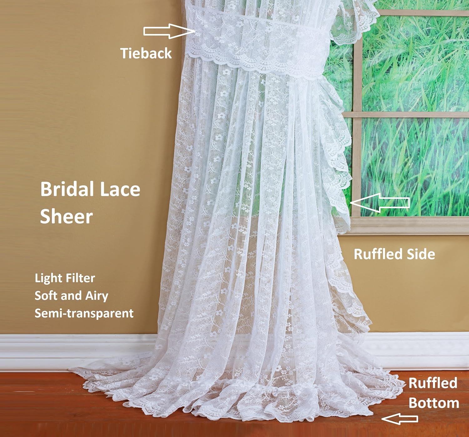 Today's Curtain, Priscilla Lace Bridal Ruffled Pair 63", White, 5-Piece-Set, 130" W x 63" L