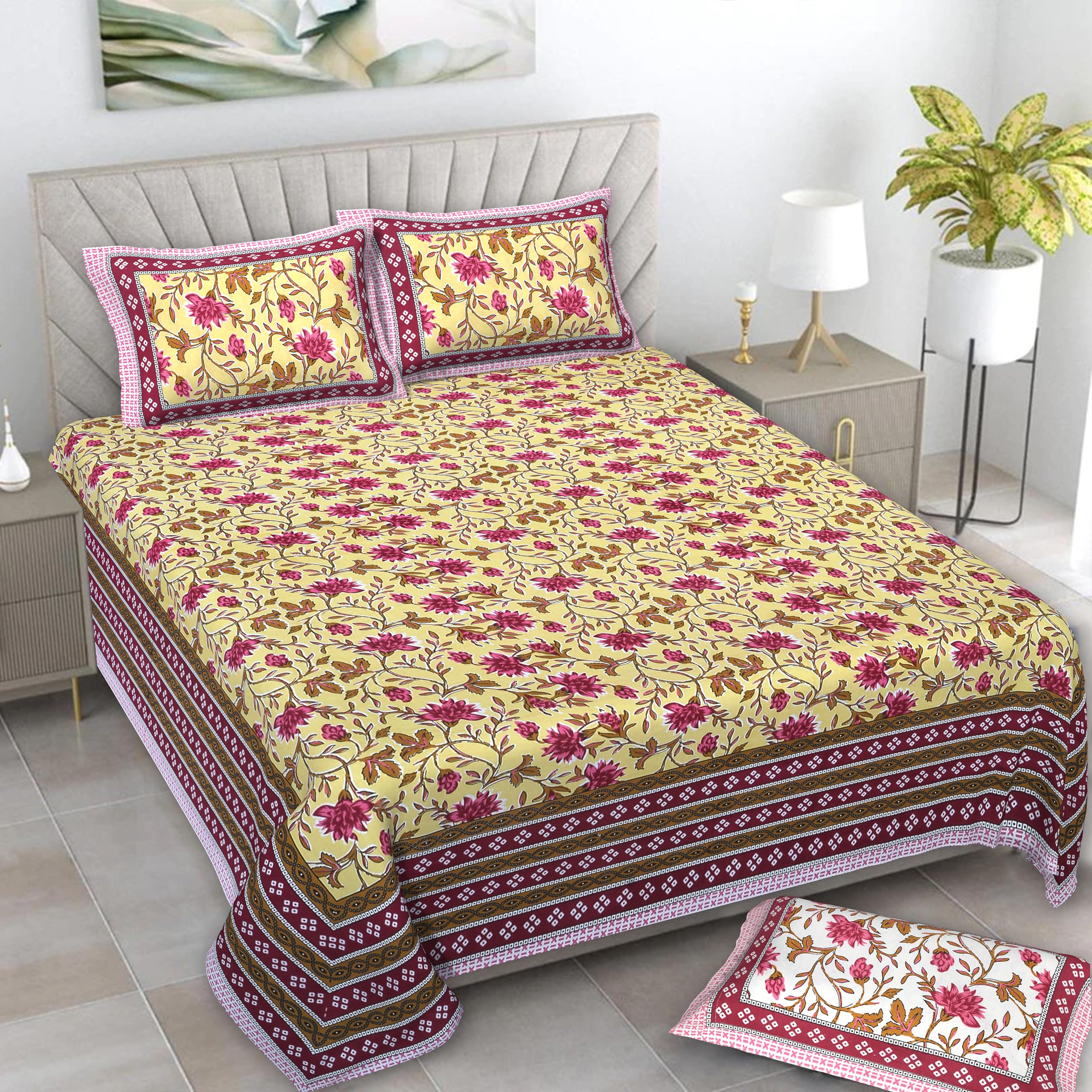 ECOM Studio® Pure 100% Cotton Double Bed Sheet Quen Size with 2 Pillow Covers (Bedsheet for Double Bed Cotton, Jaipuri Print,(ESX-1012-Pink-Yellow)