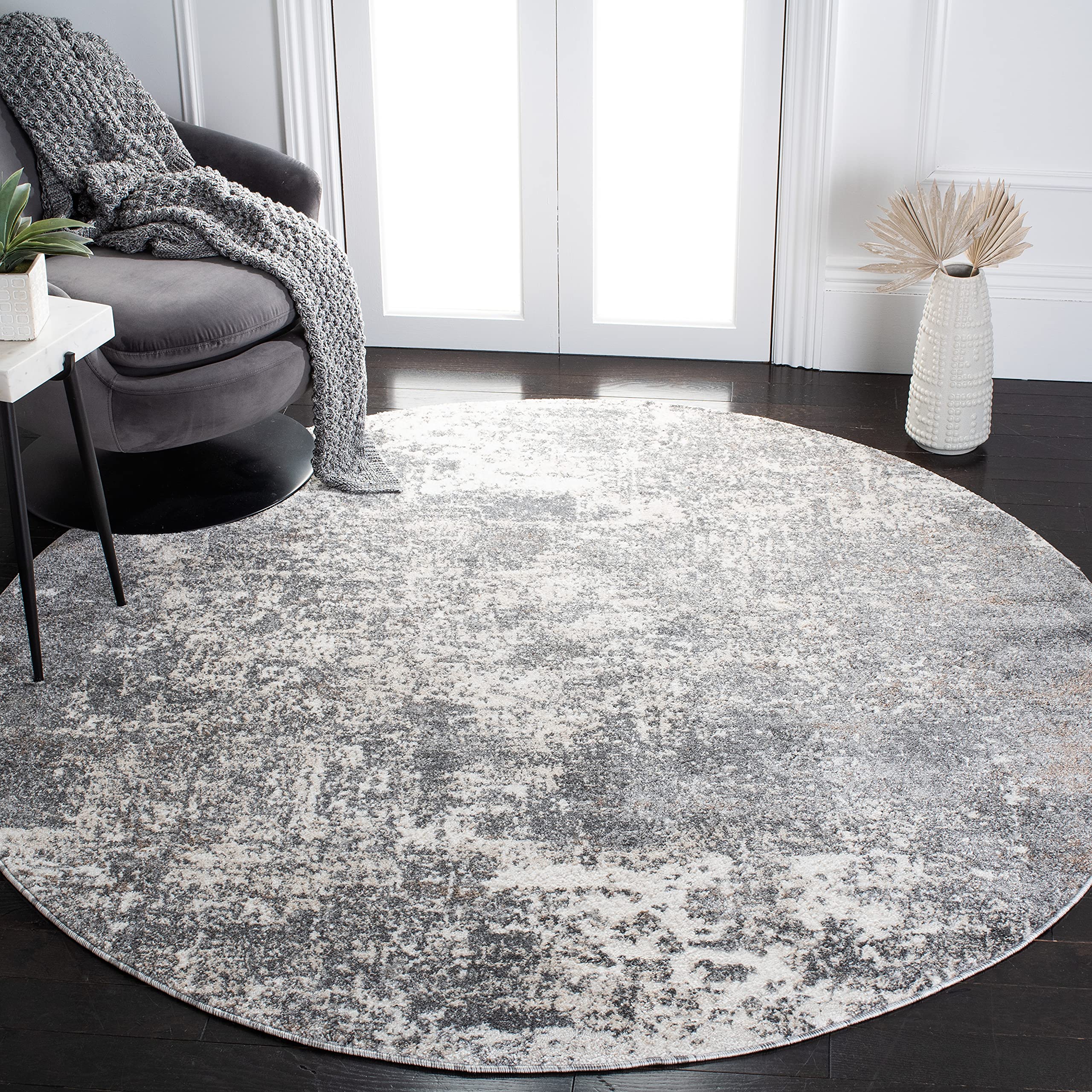 SAFAVIEH Aston Collection Area Rug - 6'7" Round, Grey & Ivory, Modern Abstract Design, Non-Shedding & Easy Care, Ideal for High Traffic Areas in