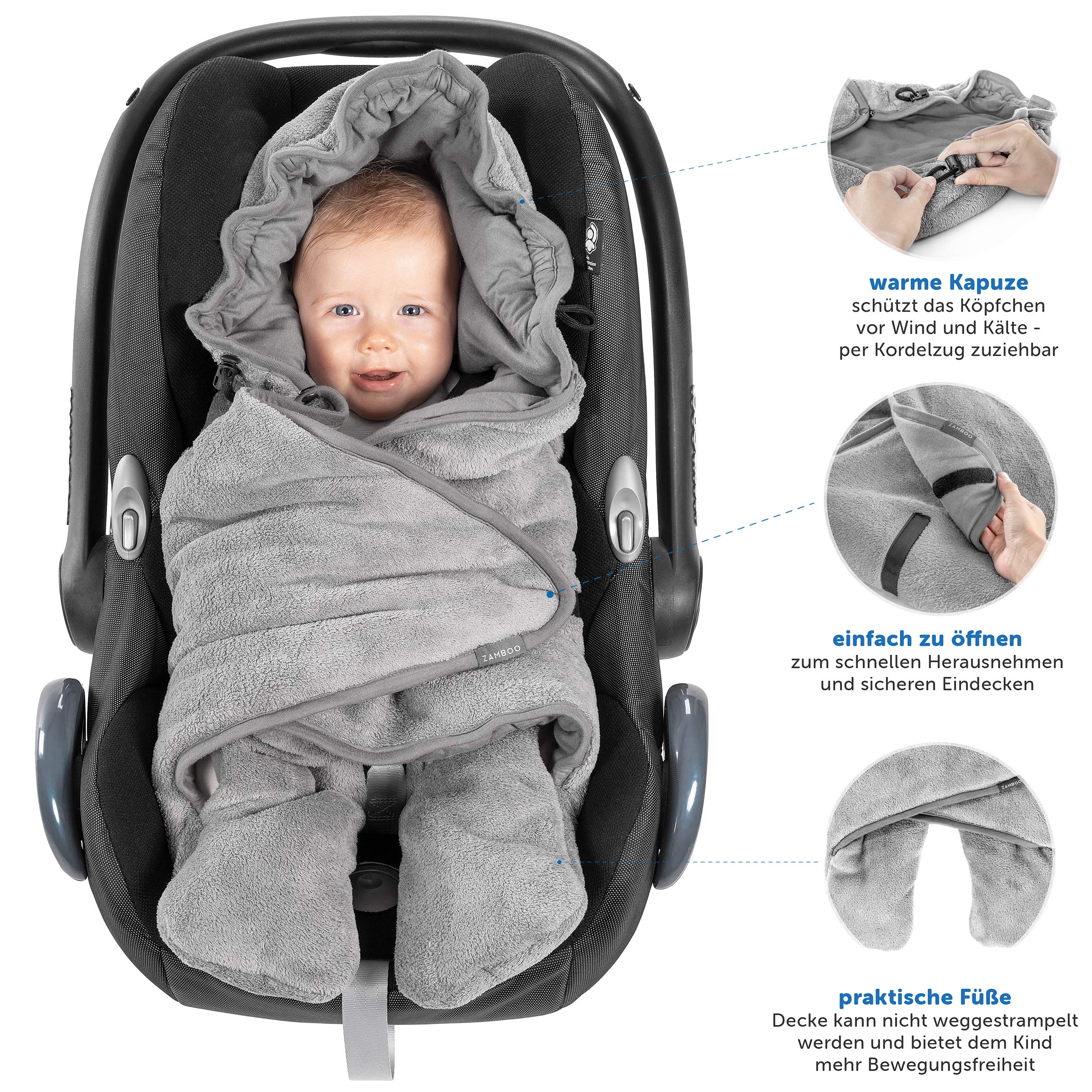 Zamboo Baby Einschlagdecke mit Füßen - Sommer - leichte Decke für Babyschalen/Autositze (passend für Maxi-Cosi, Cybex, Römer) und Kinderwagen, mit Kapuze und Tasche - Grau