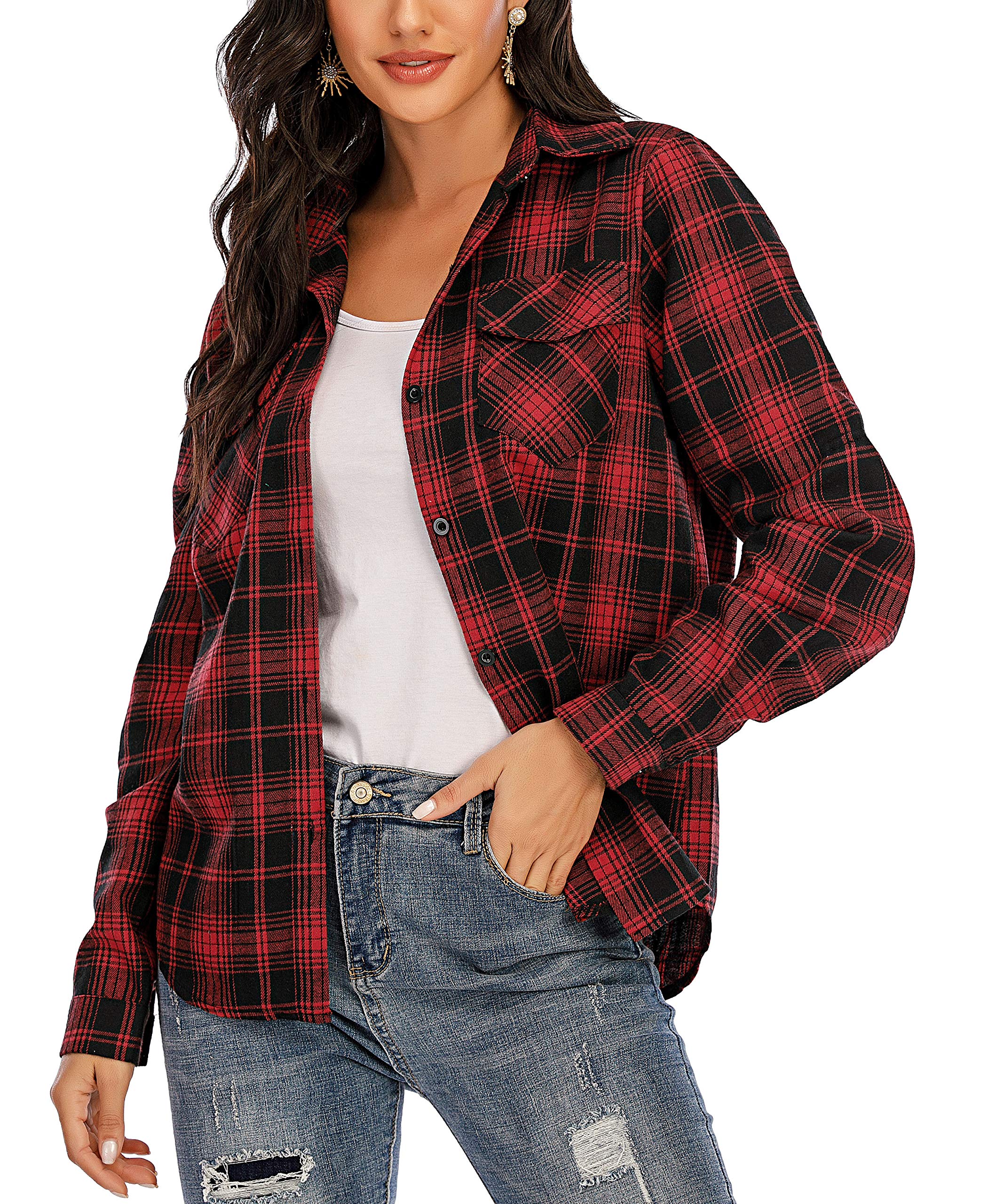 Enjoyoself Damen Karierte Bluse Langarm Karo Flanell Hemden Baumwolle Button-down Holzfäller Hemdbluse für Alltag und Oktoberfest