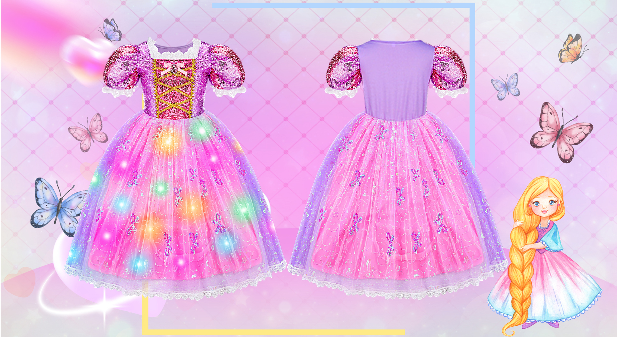IKidiki Robe Princesse LED Lumineuse Fille 3-6 Ans – Costume Carnaval Halloween Avec Baguette, Couronne & Accessoires Magiques