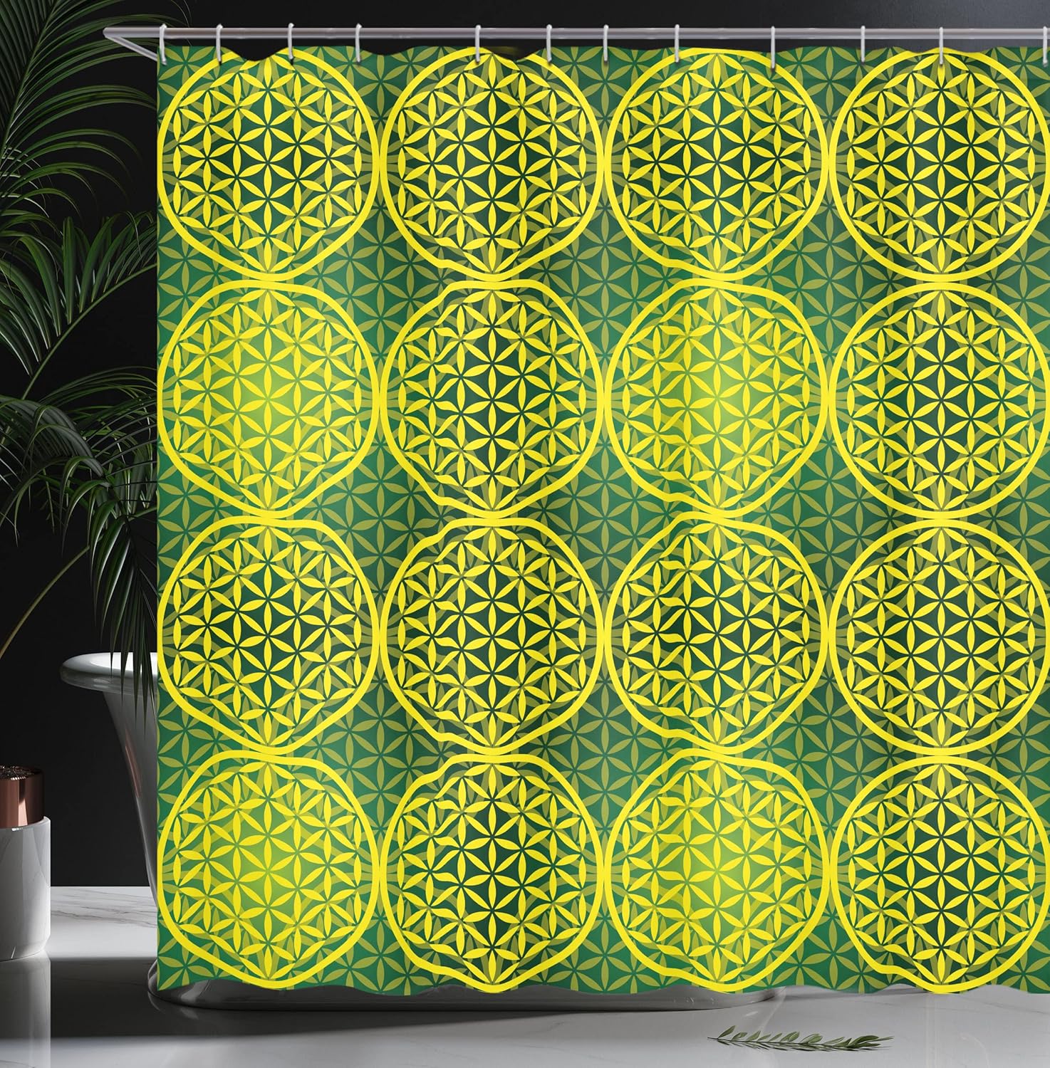 Ambesonne Abstract Shower Curtain, Modern Vivid Flower of Life Meditation Code Illustration, Cloth Fabric Bathroom Decor Set with Hooks, 69" W x 70" L, Green Yellow