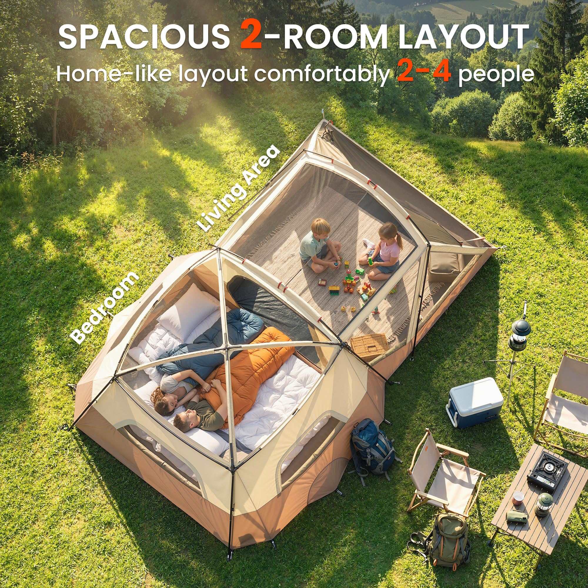Outsunny Familien-Campingzelt für 4 Personen, mit 2 Räumen, wasserdichtes Tunnelzelt mit eingenähter Bodenplane, Türen, Fenstern, Oberlichtern und Tragetasche, Braun & Khaki