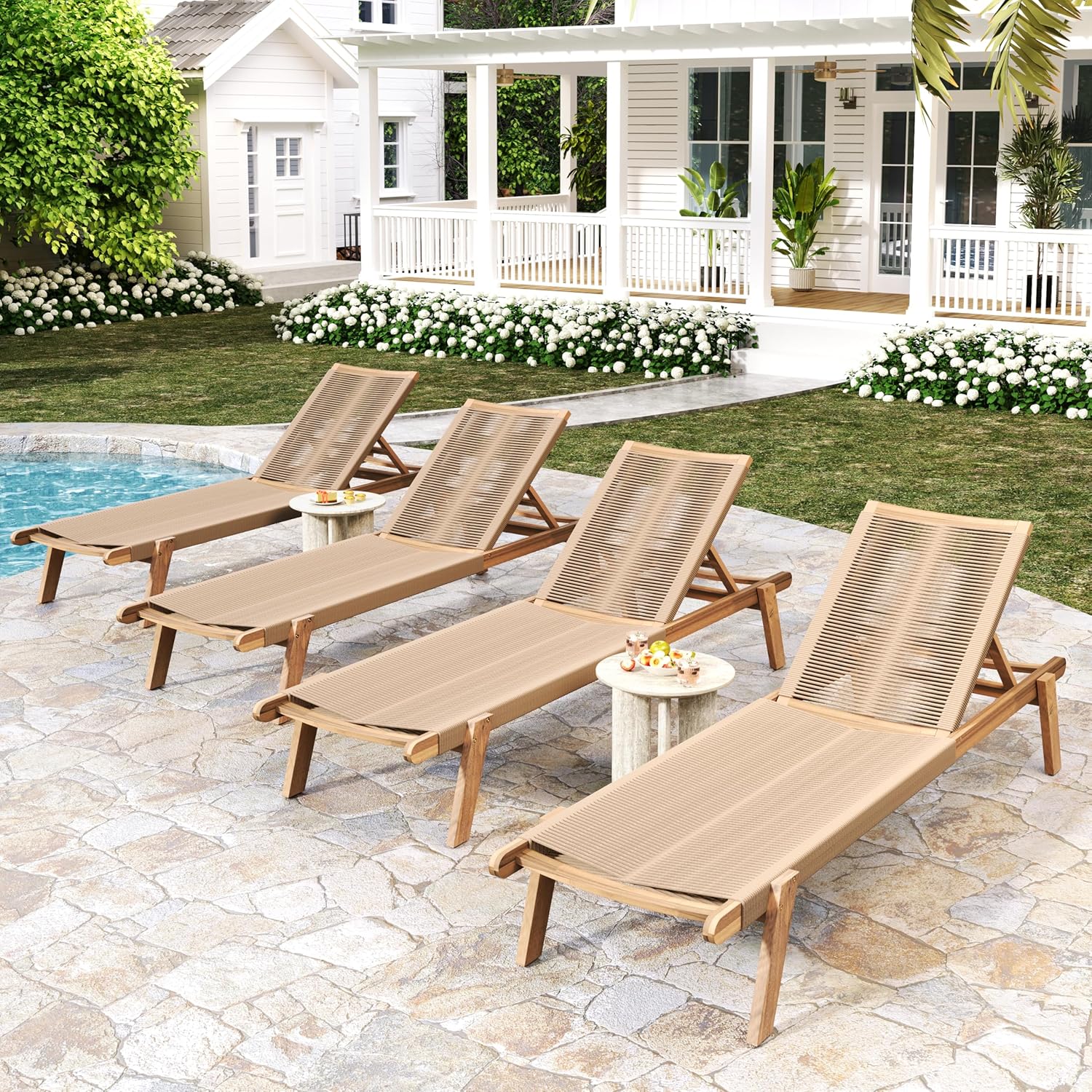 Christopher Knight Home Lurelala Set of 4 Outdoor Patio Wood Adjustable Chaise Lounges with Rope Seating, Rope Chaise Lounge with Acacia Wood Frame, Chaise Lounge for Poolside Balcony, Teak+Beige