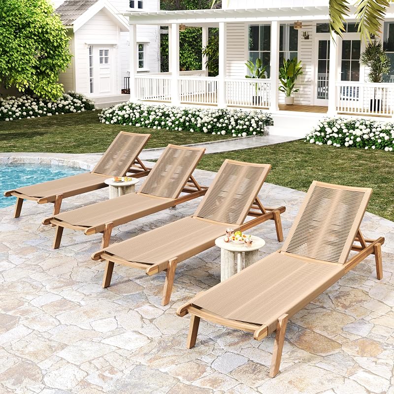 Christopher Knight Home Lurelala Juego de 4 tumbonas ajustables de madera para patio al aire libre con asiento de cuerda, tumbona de cuerda con marco de madera de acacia, tumbona para balcón junto a la pileta, teca+beige