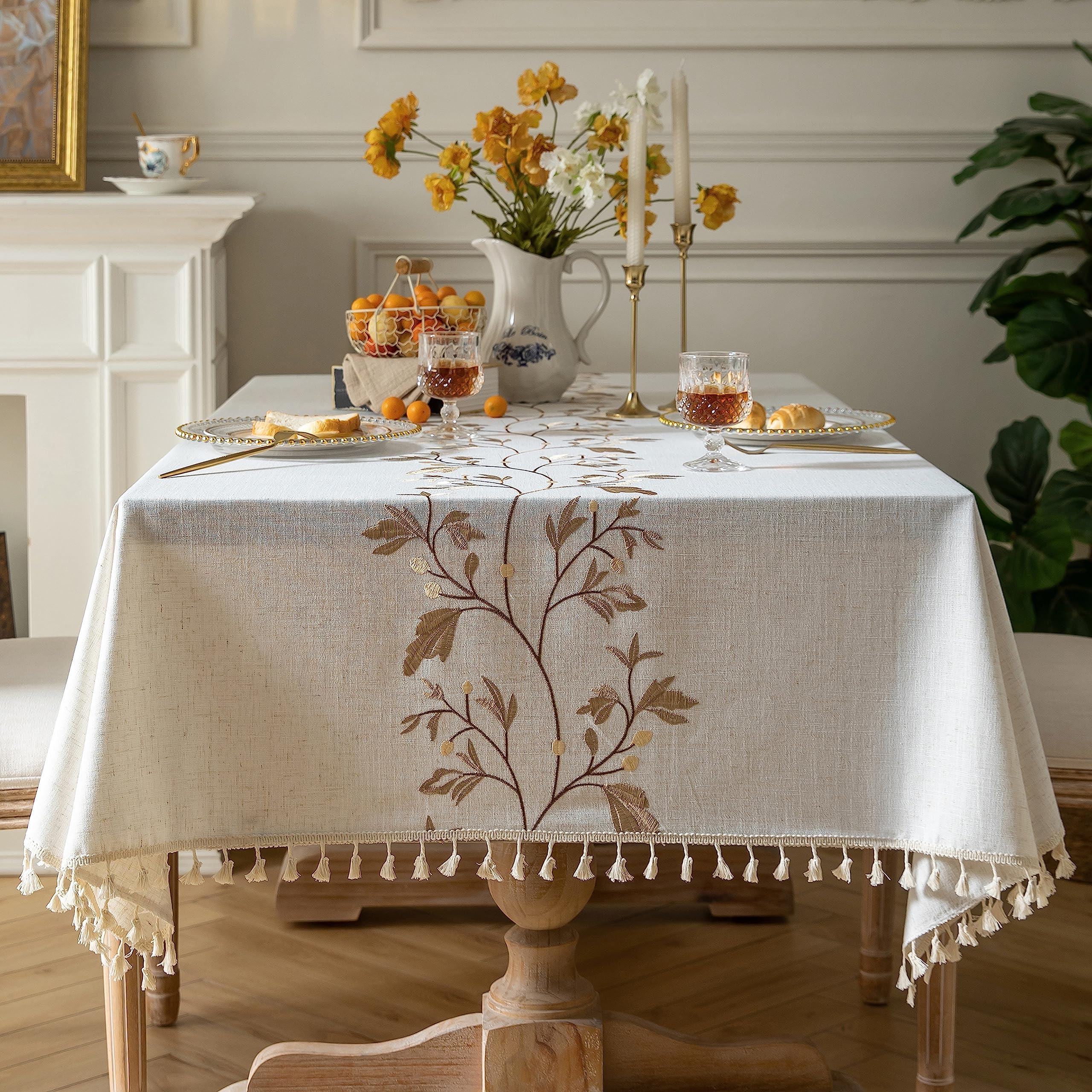 Oubonun Tablecloths for Rectangle Tables, Cotton Linen Waterproof Farmhouse Table Cloth with Boho Tassels – Wrinkle Free, Wipeable & Washable for Kitchen & Dining, 55''x86'', 6-8 Seats