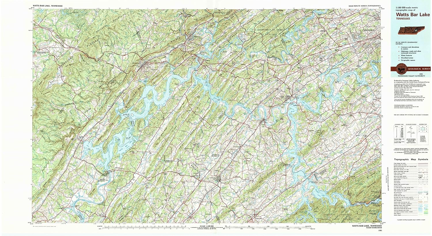 YellowMaps Watts Bar Lake TN topo map, 1:100000 Scale, 30 X 60 Minute, Historical, 1981, Updated 1984, 24.1 x 44.2 in - Polypropylene