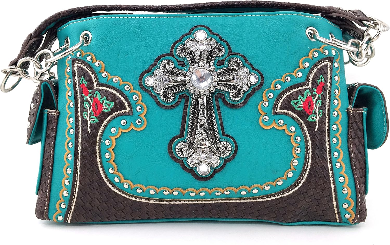 Justin West Turquoise Cross Flowers Leather Weaved Concealed Carry Handbag Purse