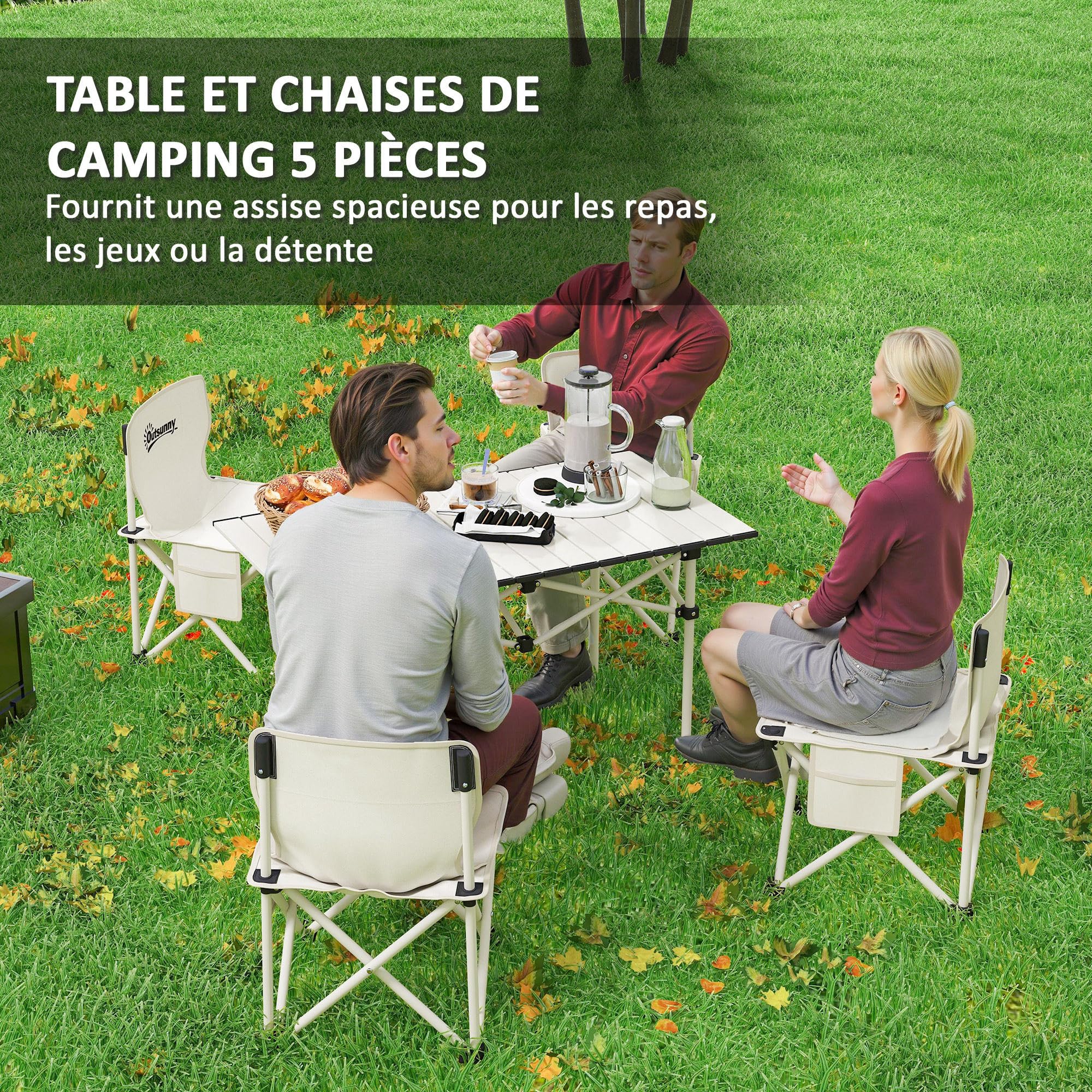 Outsunny Table de Camping avec 4 chaises Pliantes, Ensemble Table et Chaise de Camping 5 pièces avec Sacs de Transport et Poches latérales, 95 x 56,5 x 50 cm, Blanc