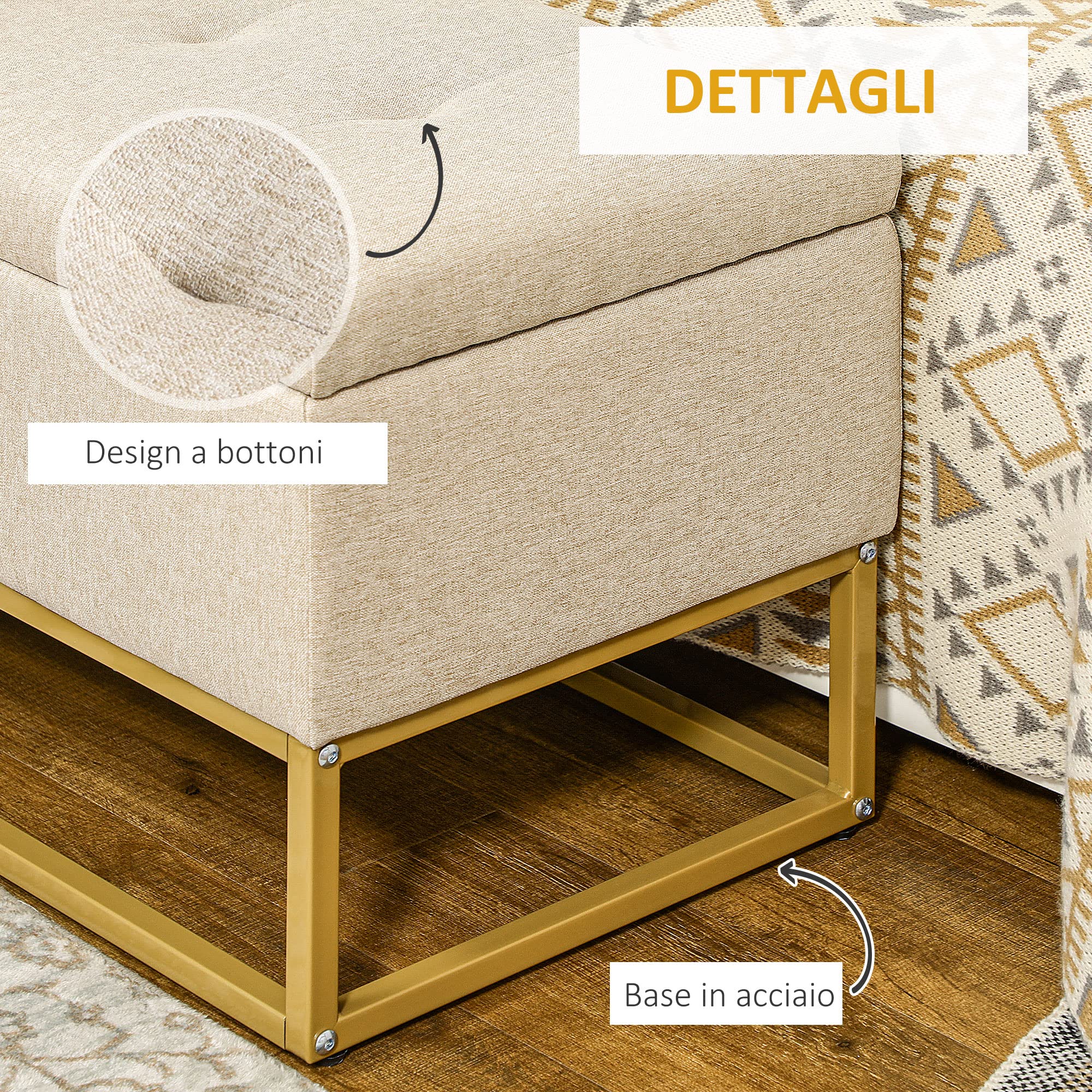HOMCOM Panca Contenitore Rettangolare con Seduta Imbottita e Gambe in Acciaio, Pouf Poggiapiedi in Tessuto Effetto Lino per Camera da Letto e Soggiorno, 110x44x49 cm, Beige