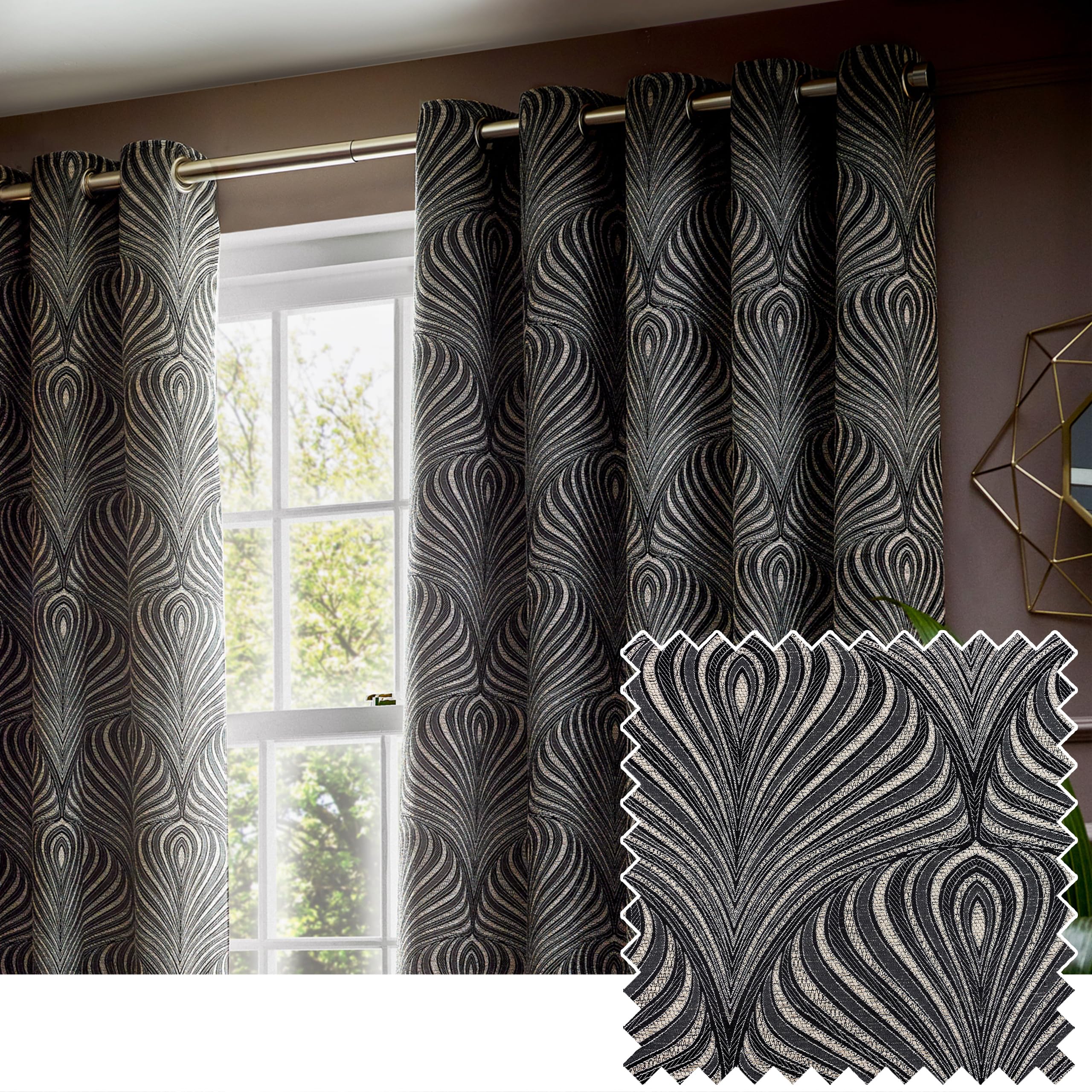 Paoletti Unisex Black Gatsby Jacquard Eyelet Curtains In | Size: 229Cm Width X 137Cm Drop
